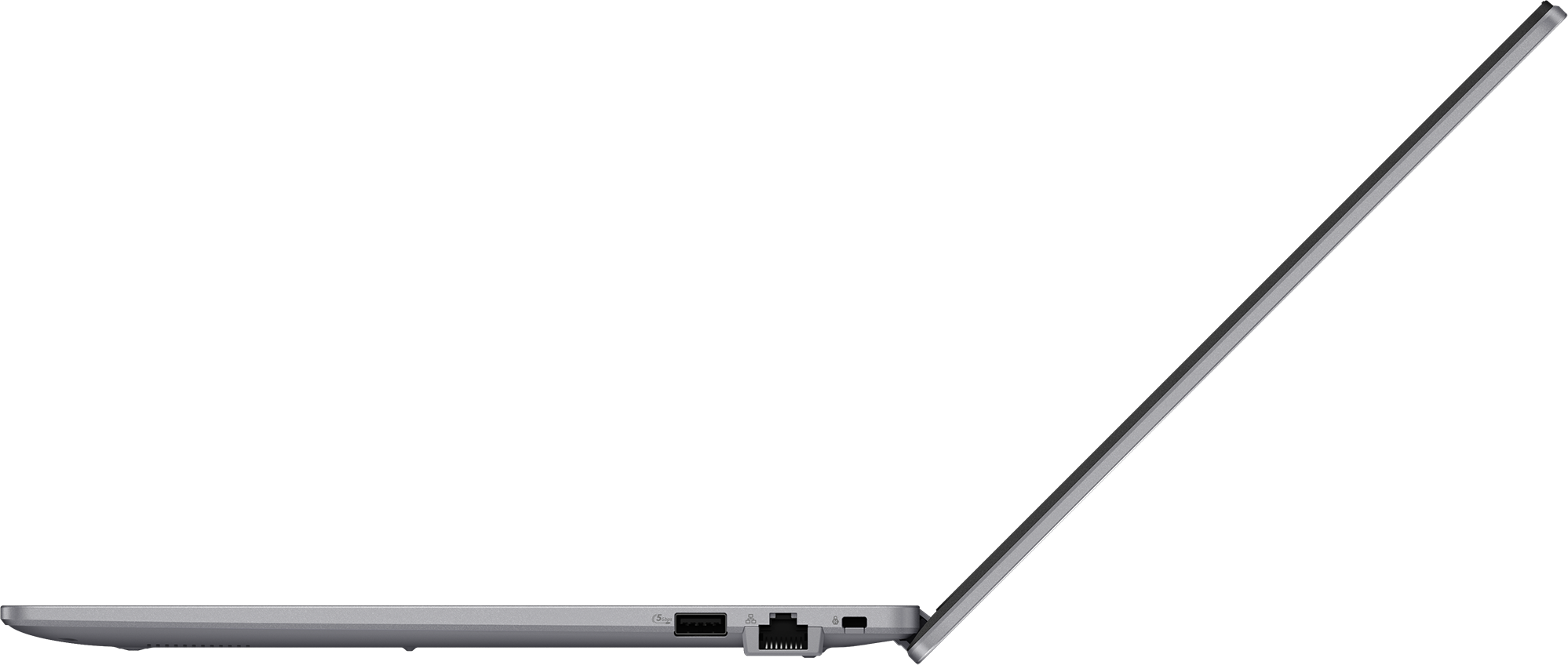 Grauer Laptop mit geöffnetem Bildschirm und sichtbaren Anschlüssen an der Seite.