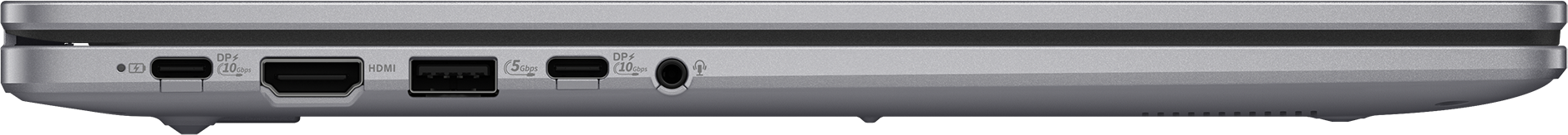Seite eines Laptops mit Anschlüssen: USB-C, HDMI, USB-A, Klinkenbuchse.