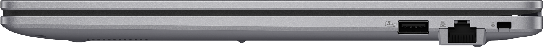 Silbernes Laptop-Gehäuse mit Anschlüssen: USB, Ethernet, Kensington-Lock.