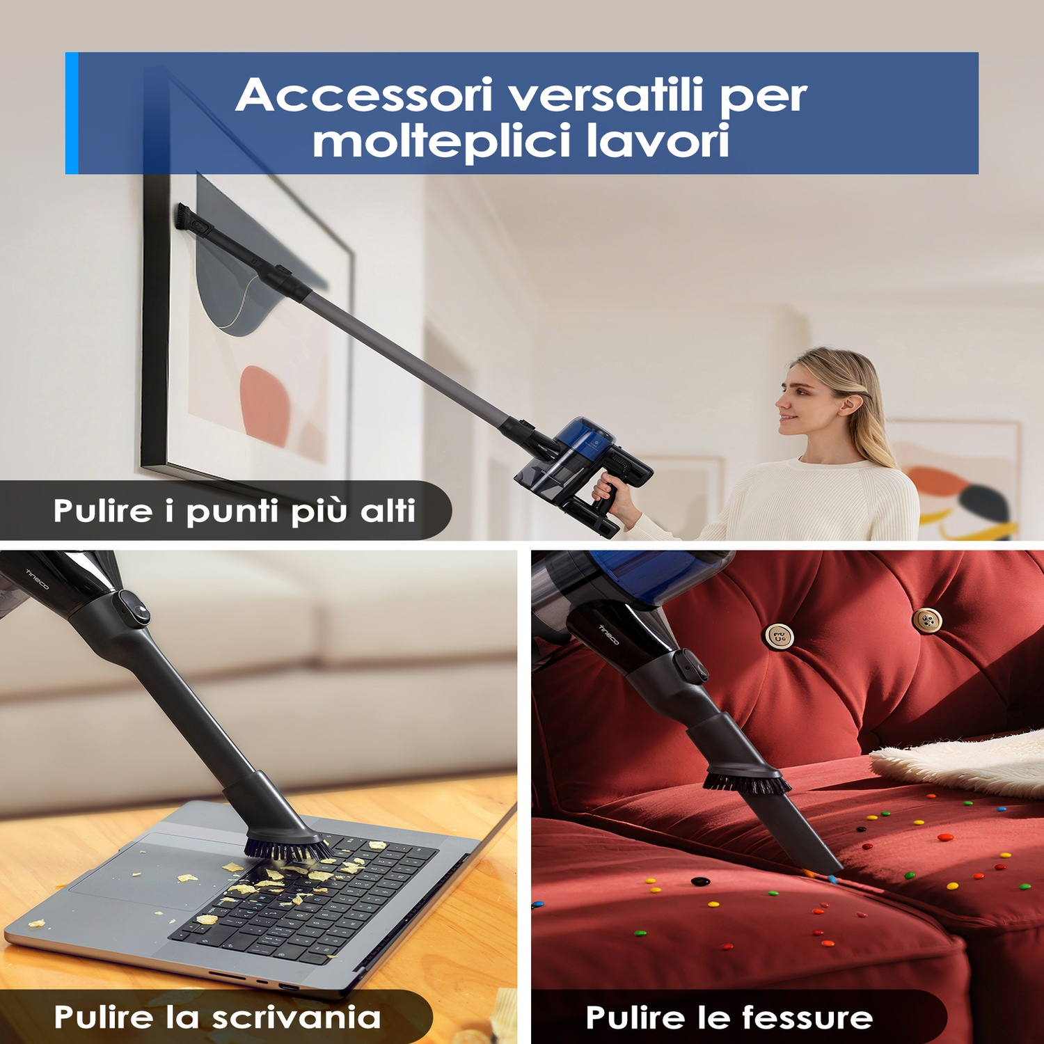 Accessori versatili per molteplici lavori, pulizia di punti alti, scrivanie e fessure.