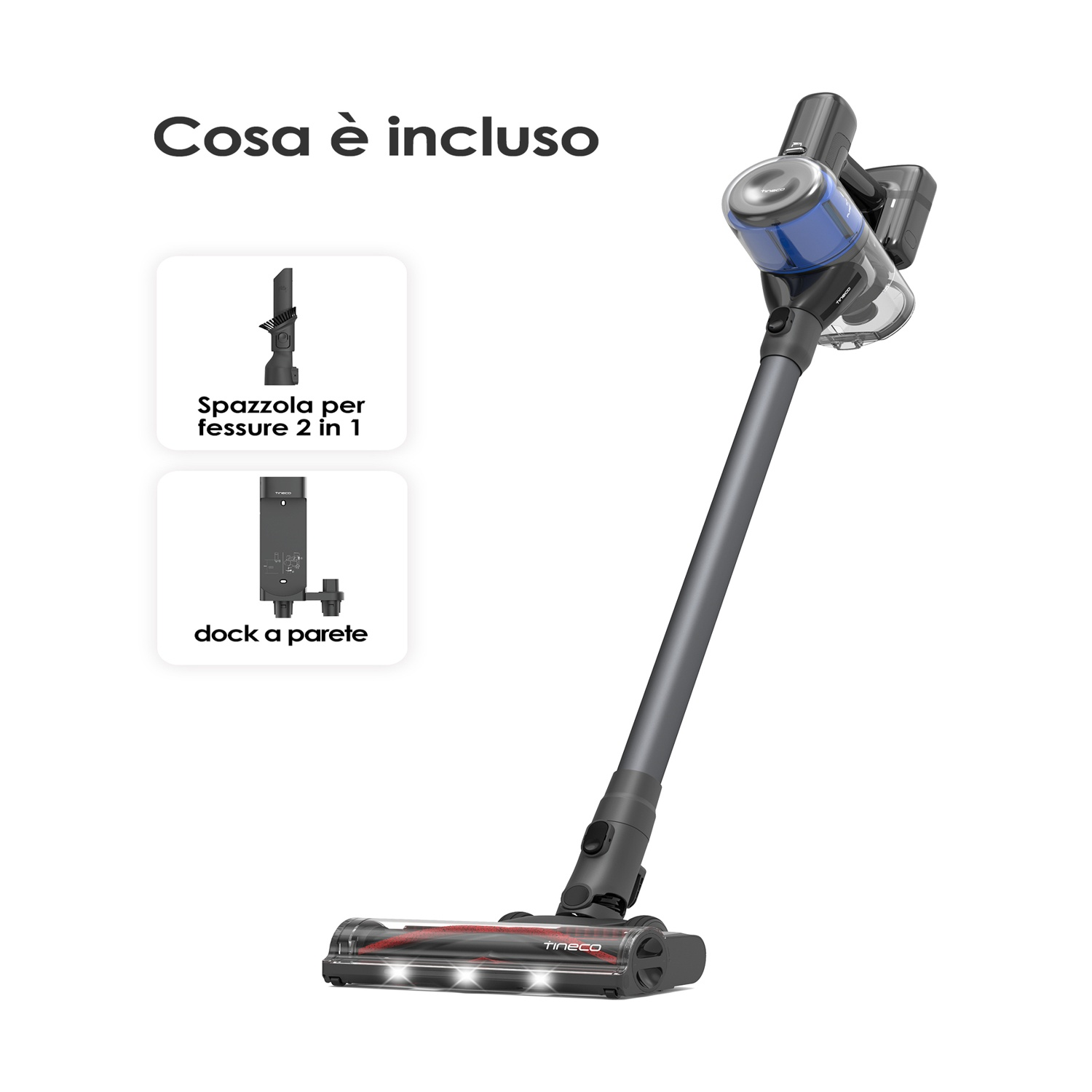 Aspirapolvere senza fili con accessori: bocchetta fessure e supporto muro.