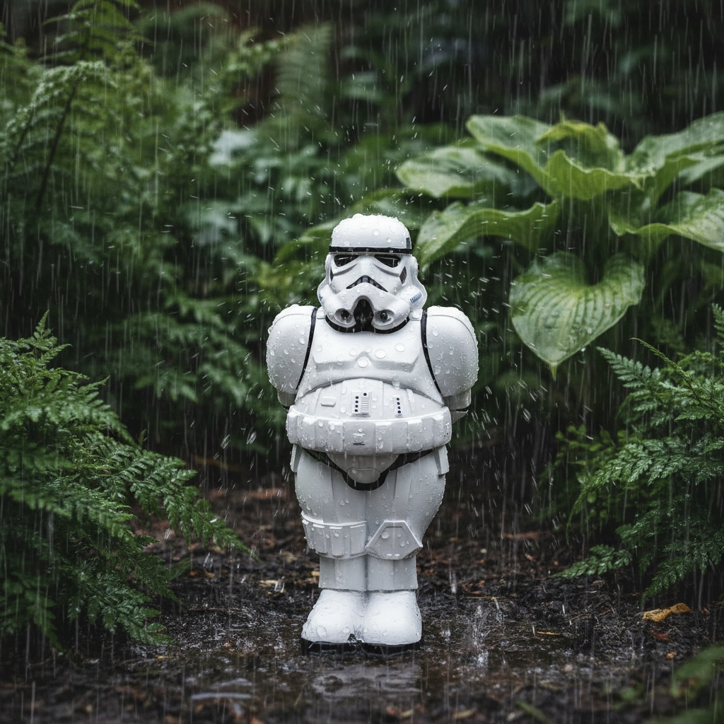 Egy Stormtrooper szökőkút áll az esőben, zöld növények között.