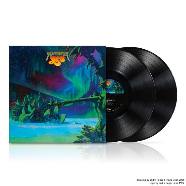 Albumcover mit zwei Schallplatten, die eine Landschaft mit Nordlichtern zeigen.