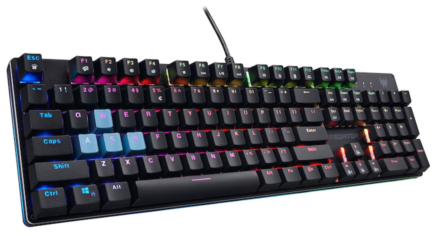 Un teclado gaming negro con iluminación RGB y teclas etiquetadas, vista angular.