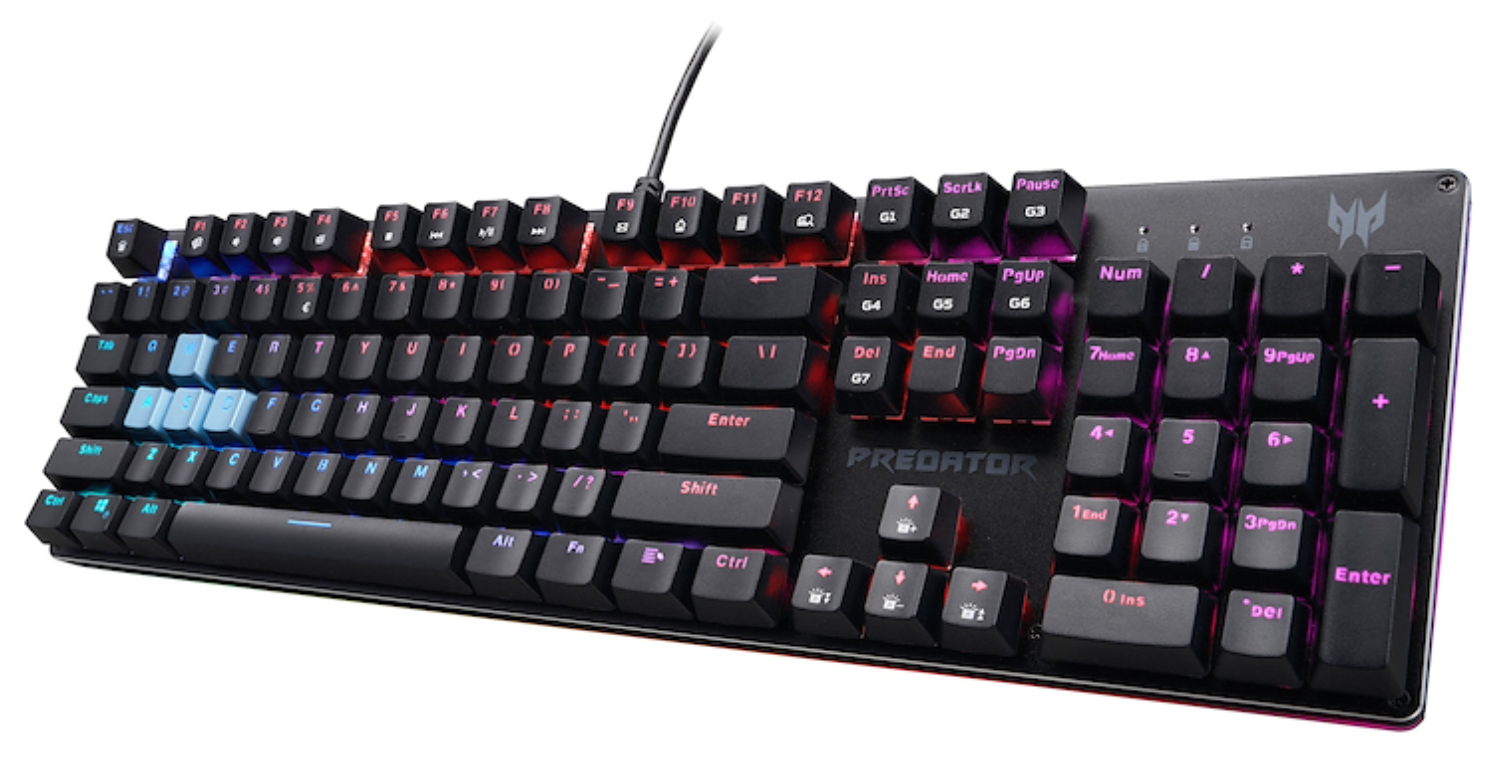 Un teclado gaming Predator negro con retroiluminación RGB colorida.