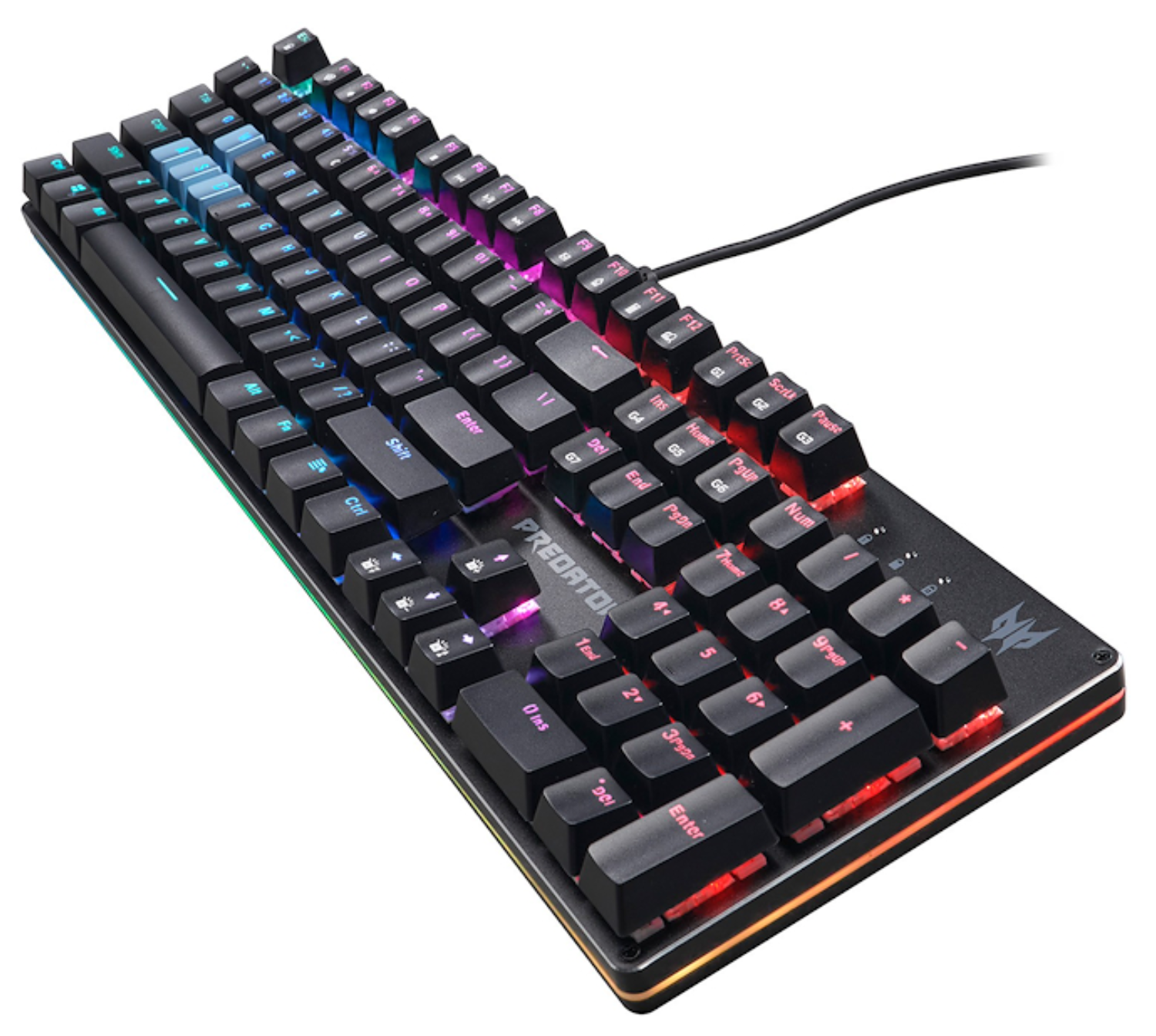 Un teclado negro con iluminación RGB que muestra el texto "PREDATOR".