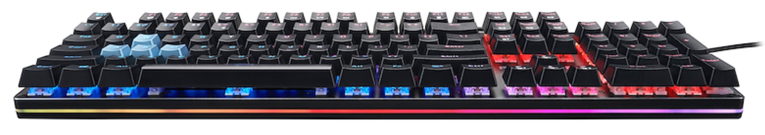 Teclado mecánico negro con iluminación RGB y teclas WASD azules.