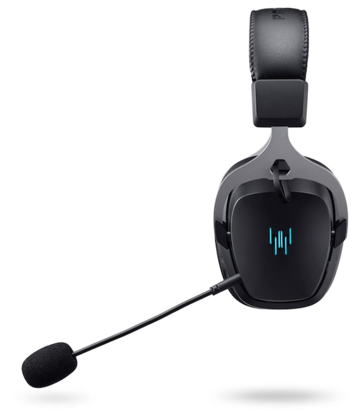 Auriculares negros para juegos con micrófono y logo azul sobre fondo blanco.