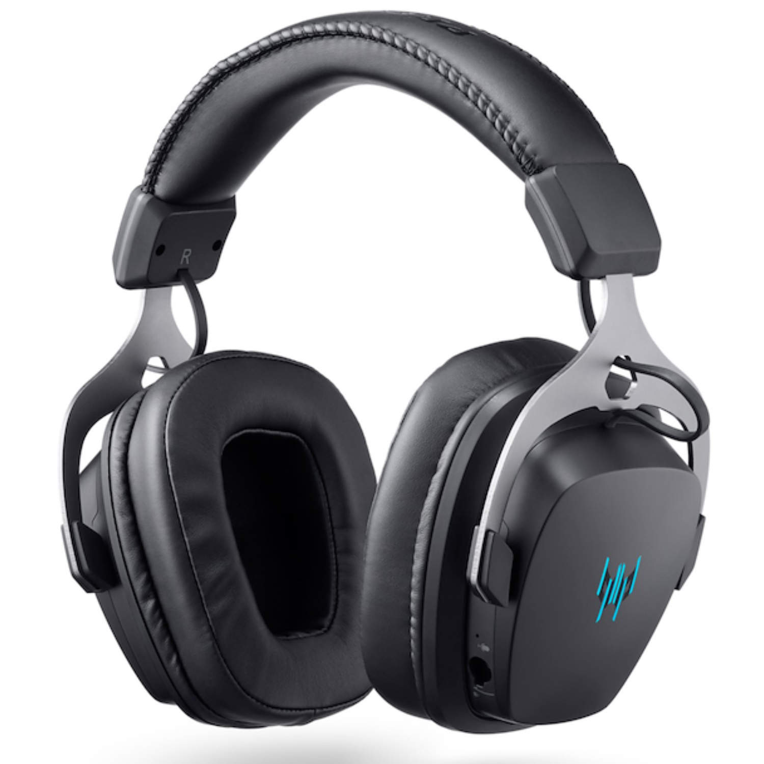 Auriculares negros con acolchado de cuero y detalles plateados, con logo azul.