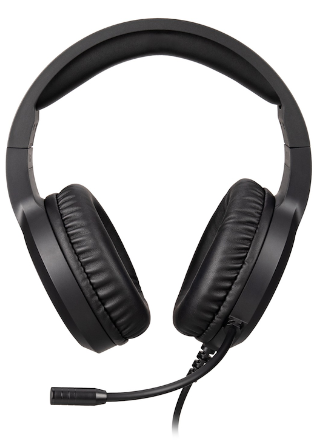 Auriculares negros con micrófono sobre fondo blanco.