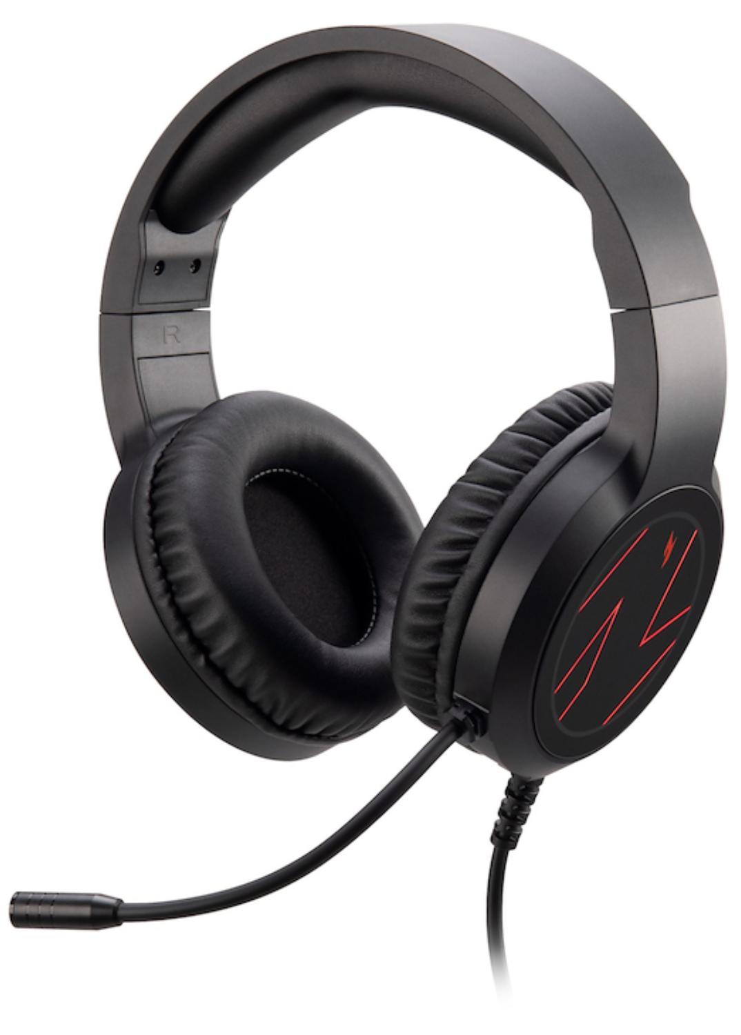 Auriculares negros para juegos con micrófono y detalles rojos.