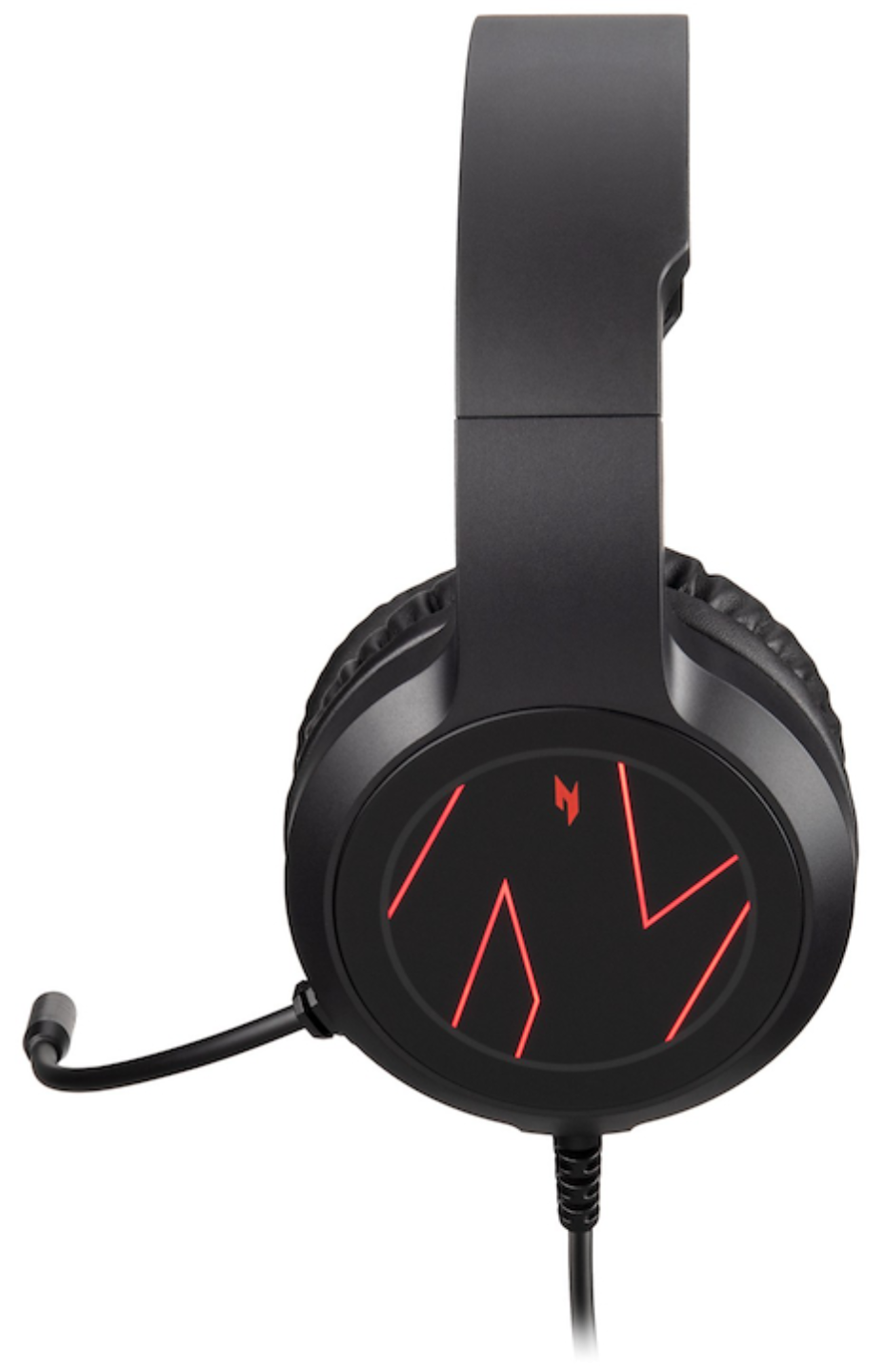 Auriculares negros para juegos con micrófono y detalles rojos.