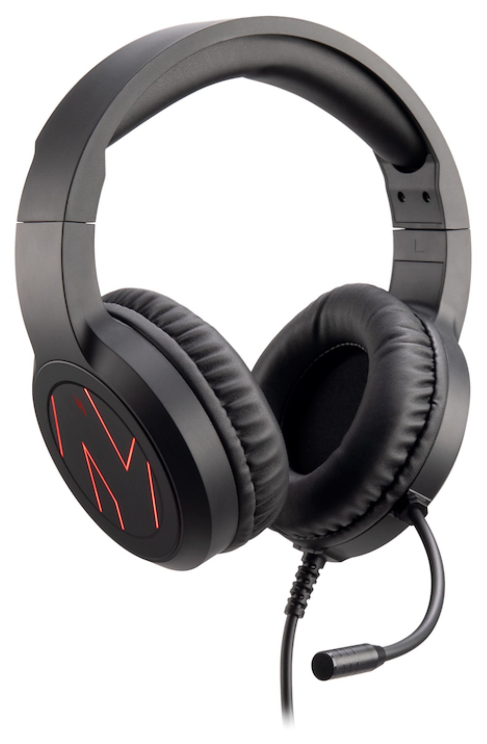 Auriculares negros con logo rojo y micrófono, fondo blanco.