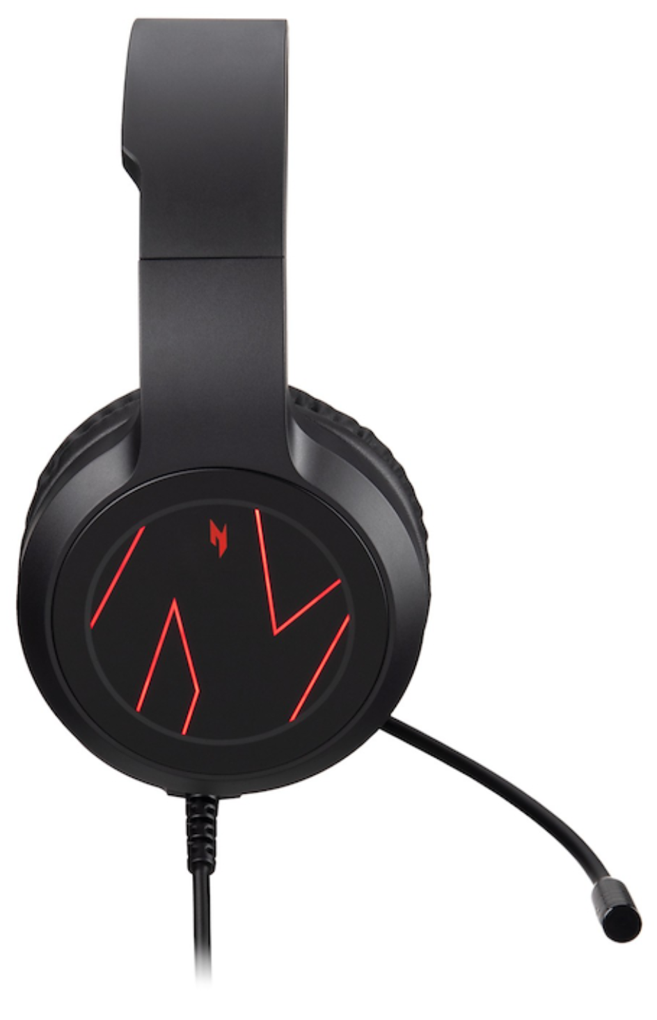 Auriculares negros para juegos con detalles rojos y micrófono.
