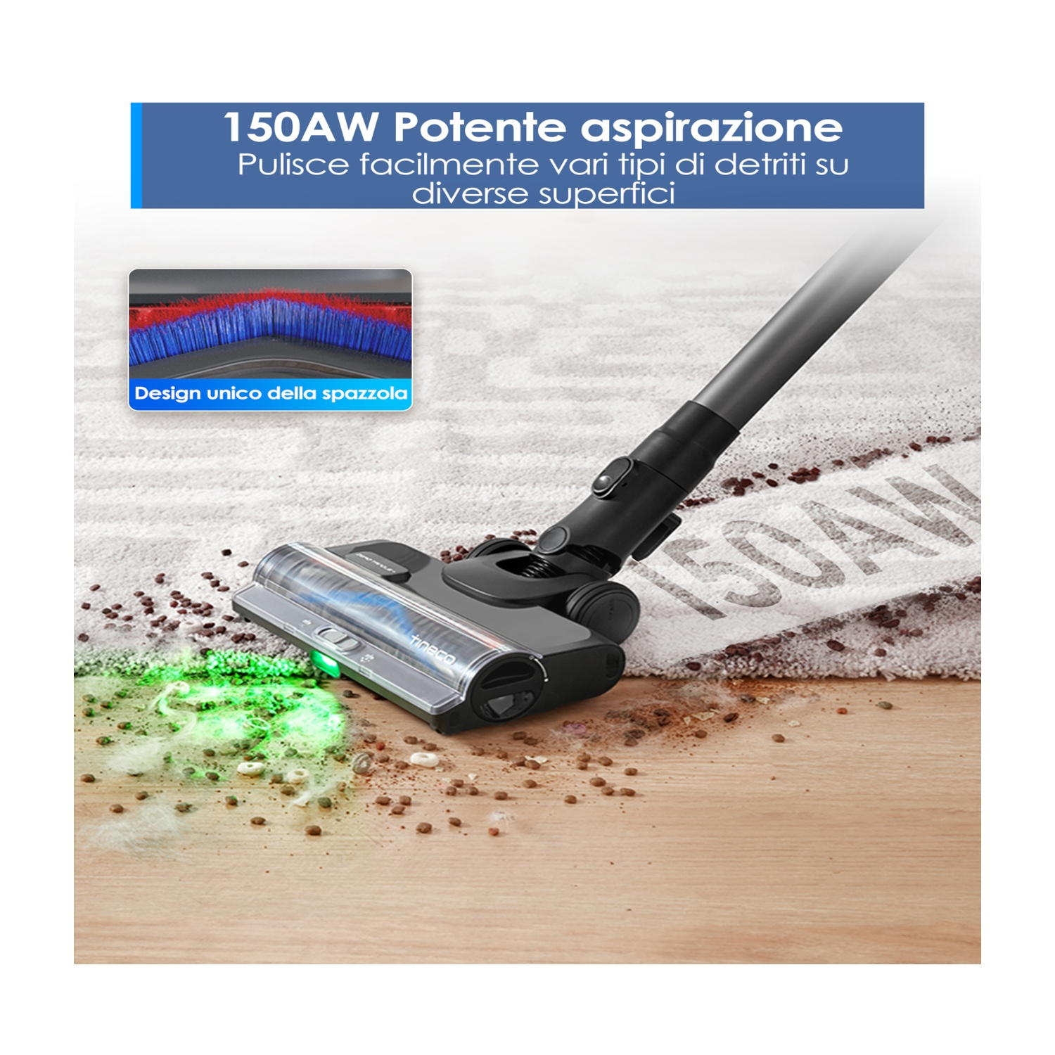 Testina aspirapolvere con luce verde aspira sporco da legno e tappeto.