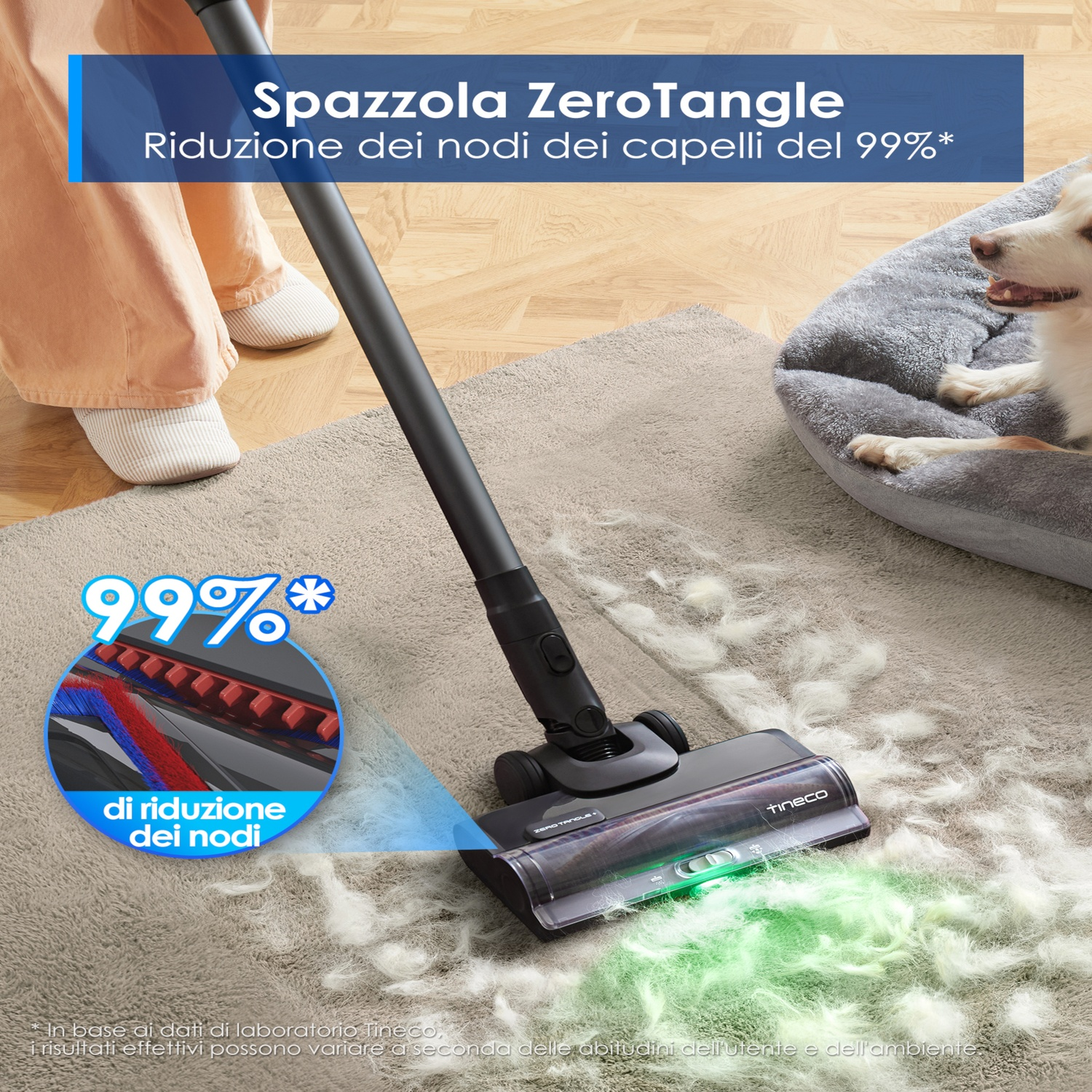 Un aspirapolvere ZeroTangle pulisce il tappeto; un cane riposa nella sua cuccia.