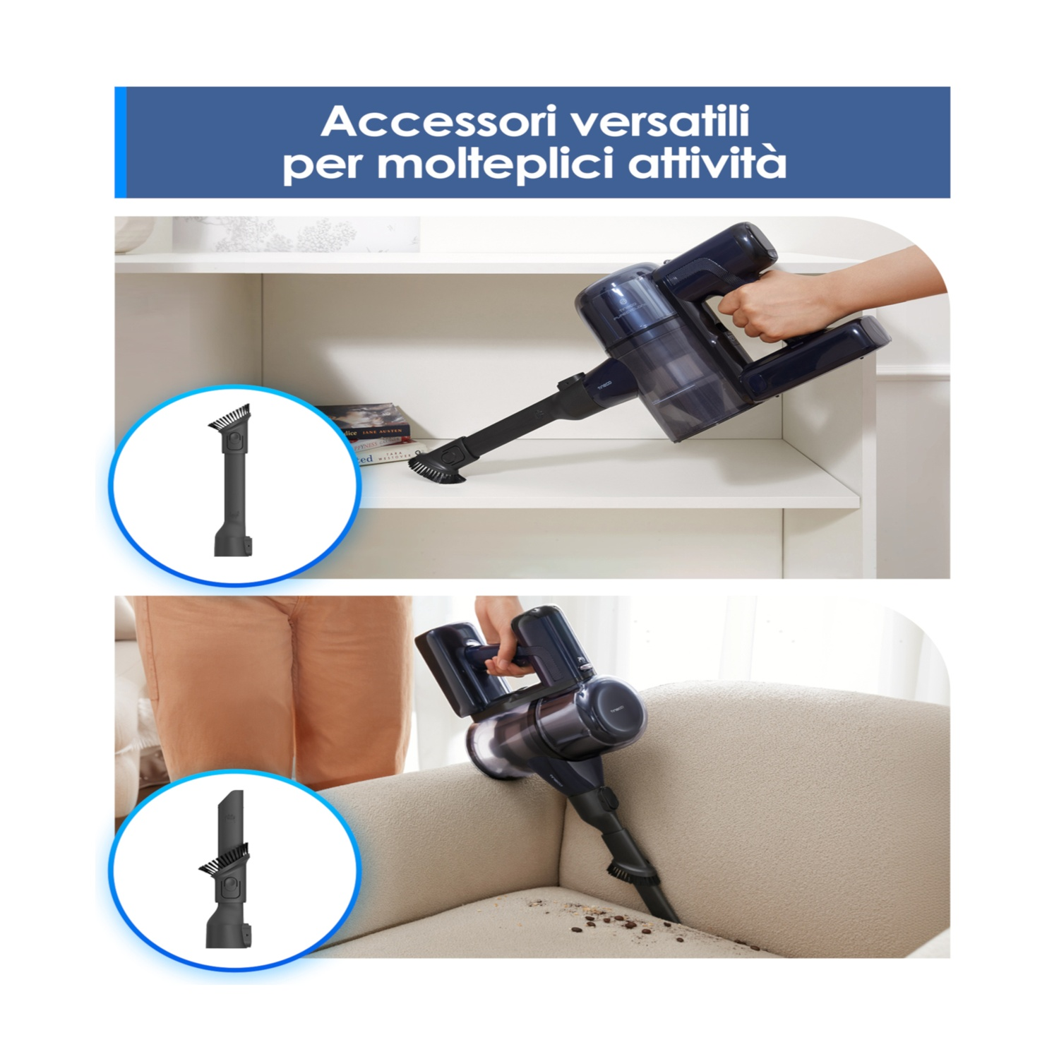Aspirapolvere portatile con accessori per pulire mensole e divani.