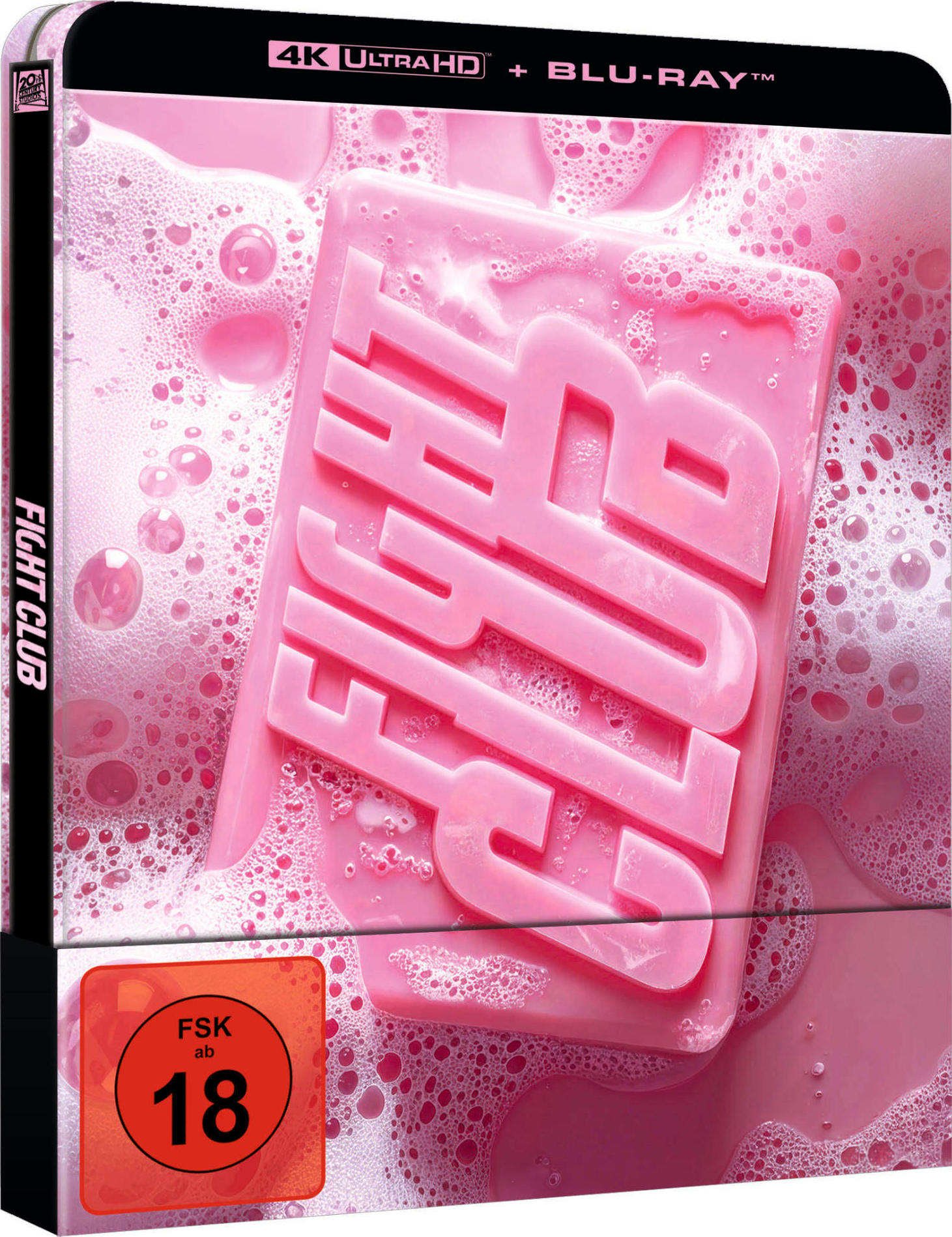 Rosa Seife mit 'Fight Club'-Logo in Schaum und Blasen, 4K UHD Blu-ray.