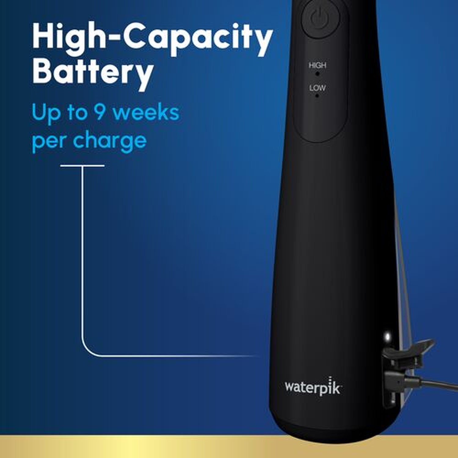 Black Waterpik device with 'High-Capacity Battery' text and charging cable.