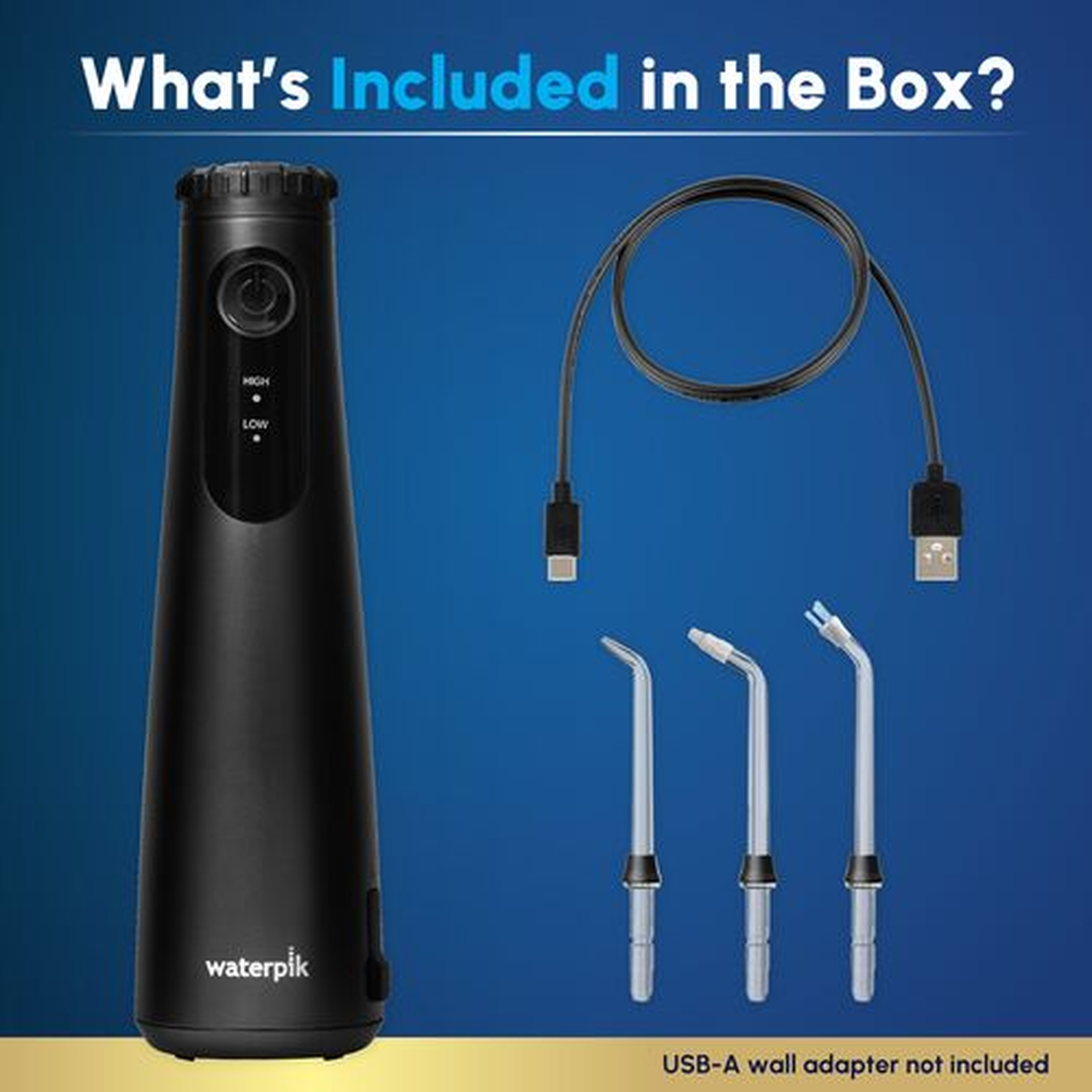 Black Waterpik device, USB cable, and three tips on blue background.