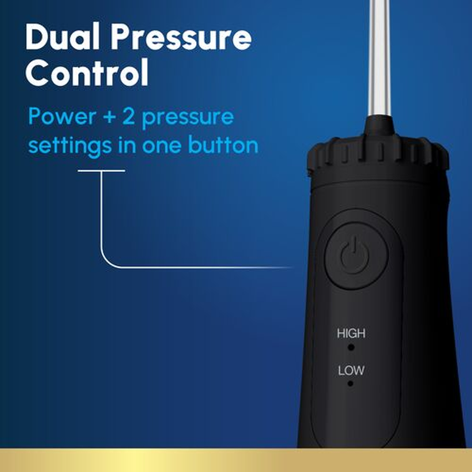Black water flosser with dual pressure control button. Blue and gold background.