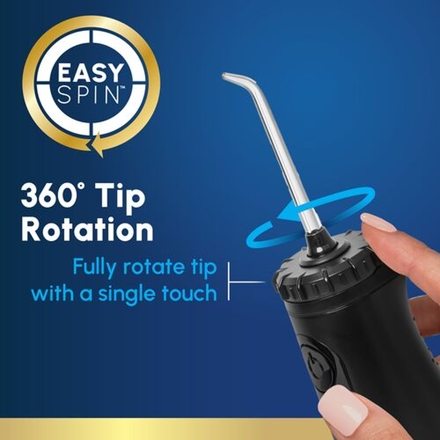 Hand holds black oral irrigator with rotating tip. Text: 360deg Tip Rotation.