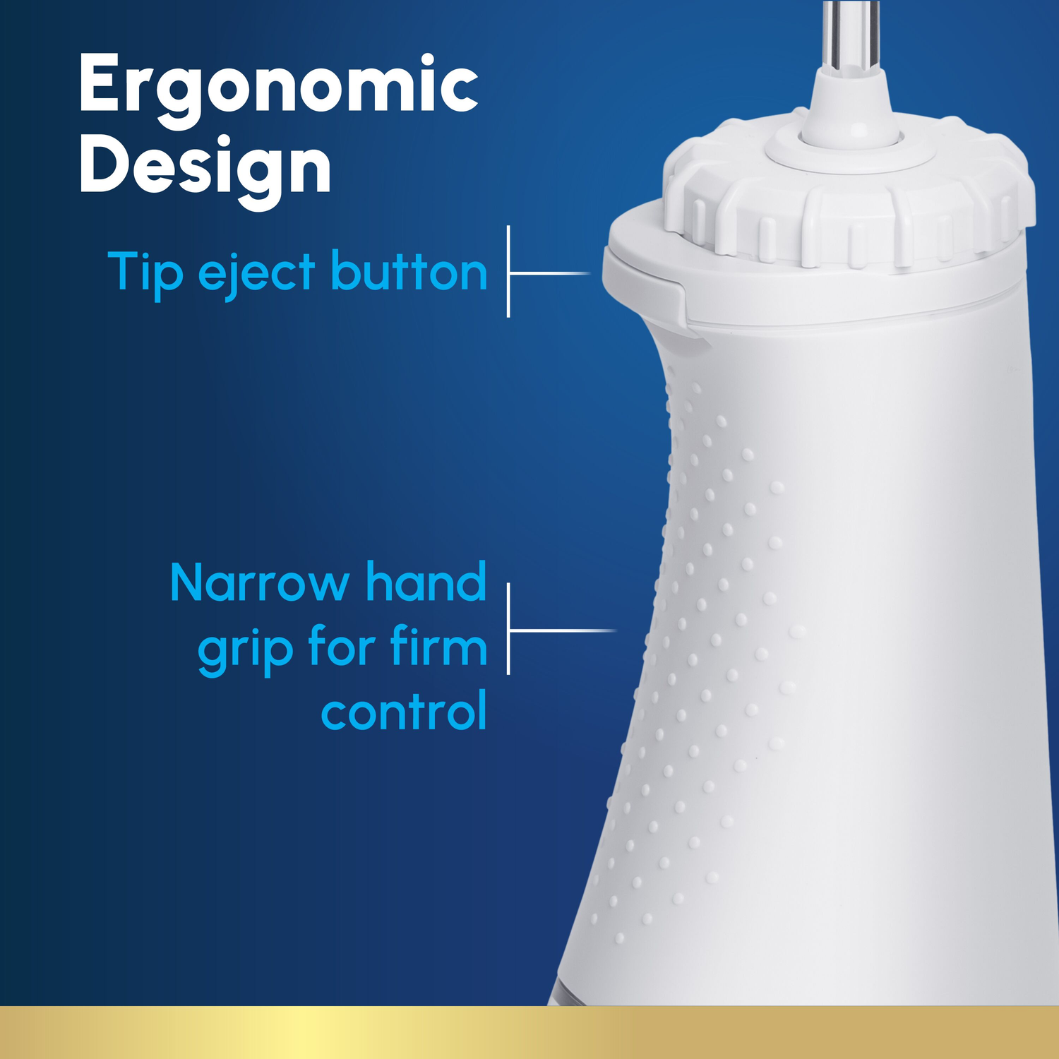 Witte waterflosser met tekst: Ergonomisch ontwerp. Tip-ejectieknop. Smalle grip voor controle.