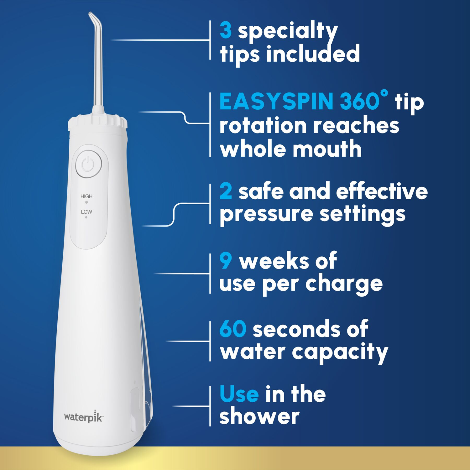 Een witte waterflosser met 3 opzetstukken, 2 drukstanden en 60 sec capaciteit.