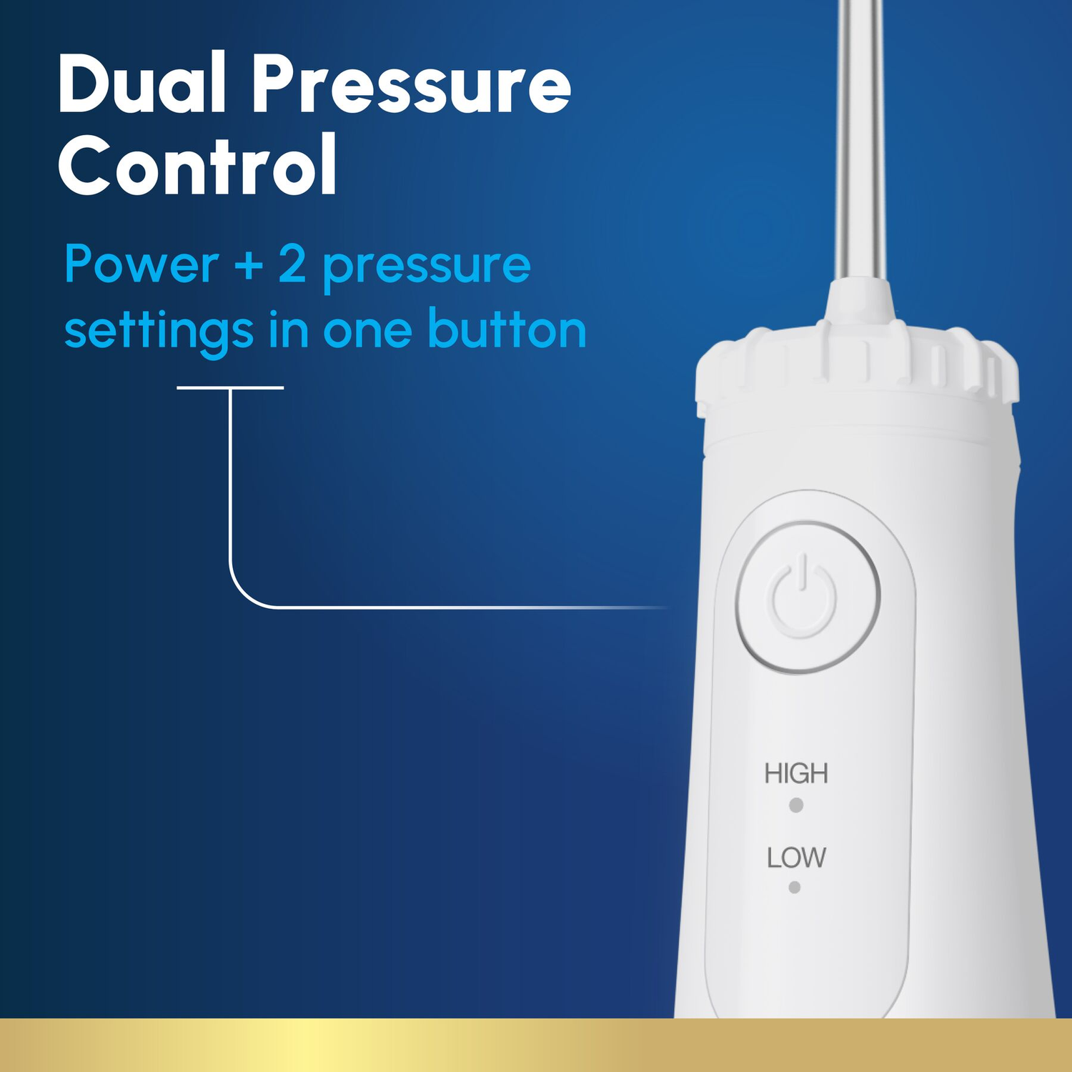 Een witte monddouche met "Dual Pressure Control" en "Power + 2 drukinstellingen".