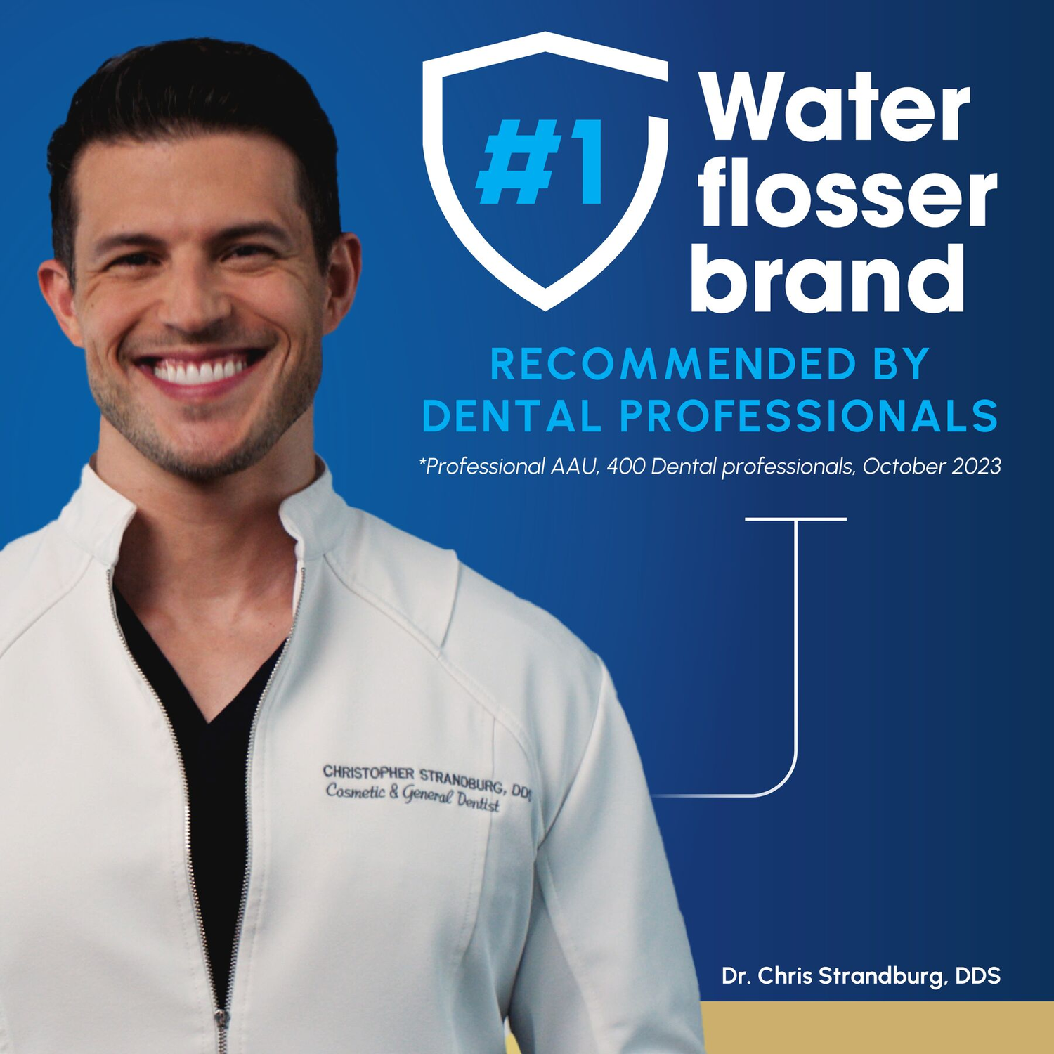 Een man in een witte jas glimlacht. Nr. 1 waterflosser merk aanbevolen door tandartsen.