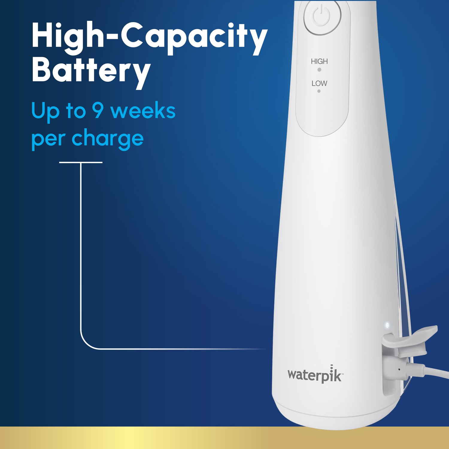 Witte Waterpik unit met oplaadpoort en Hoge/Lage indicator.