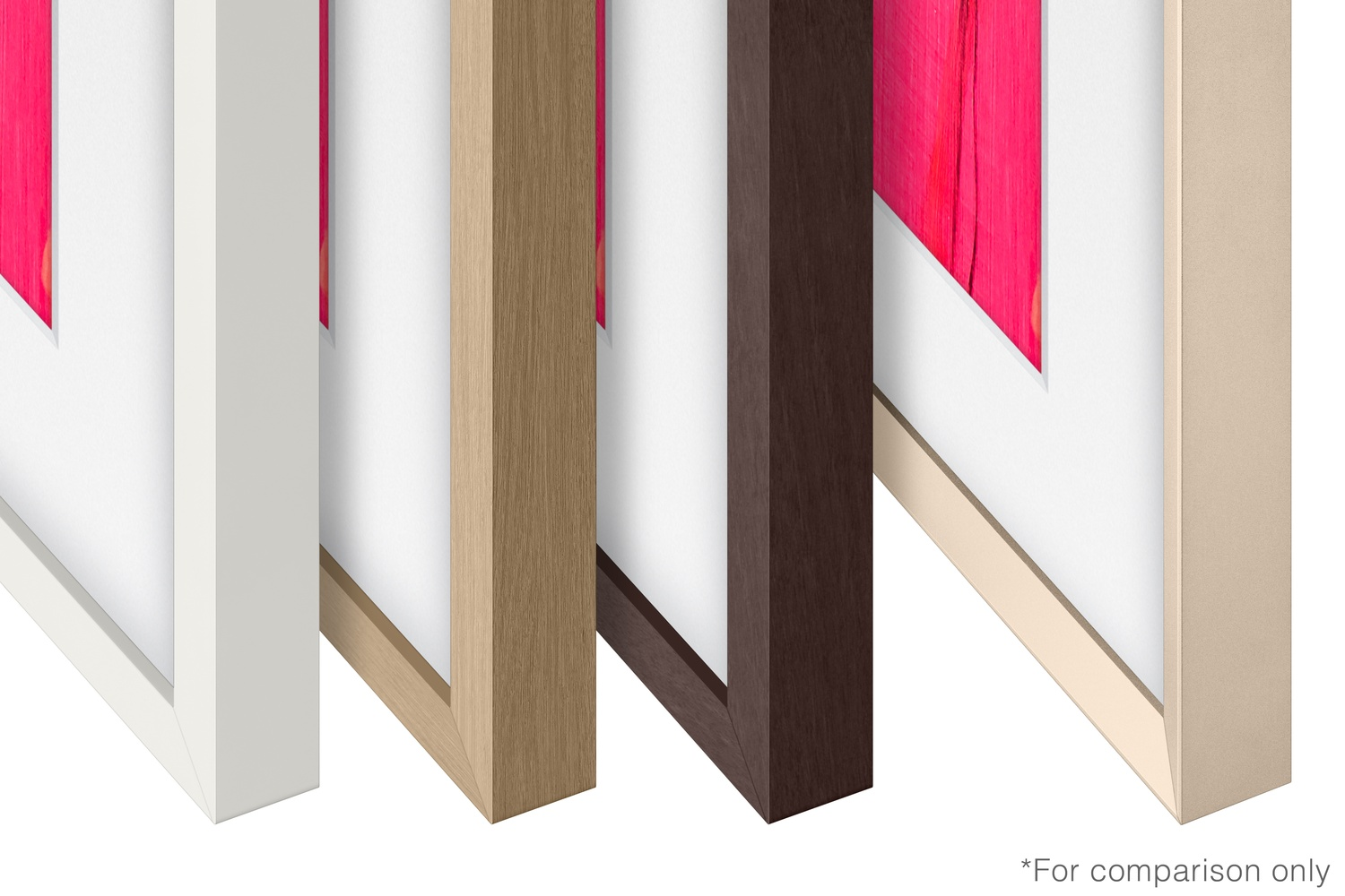 Cuatro marcos: blanco, madera, marrón oscuro y beige. Imagen rosa y blanca.