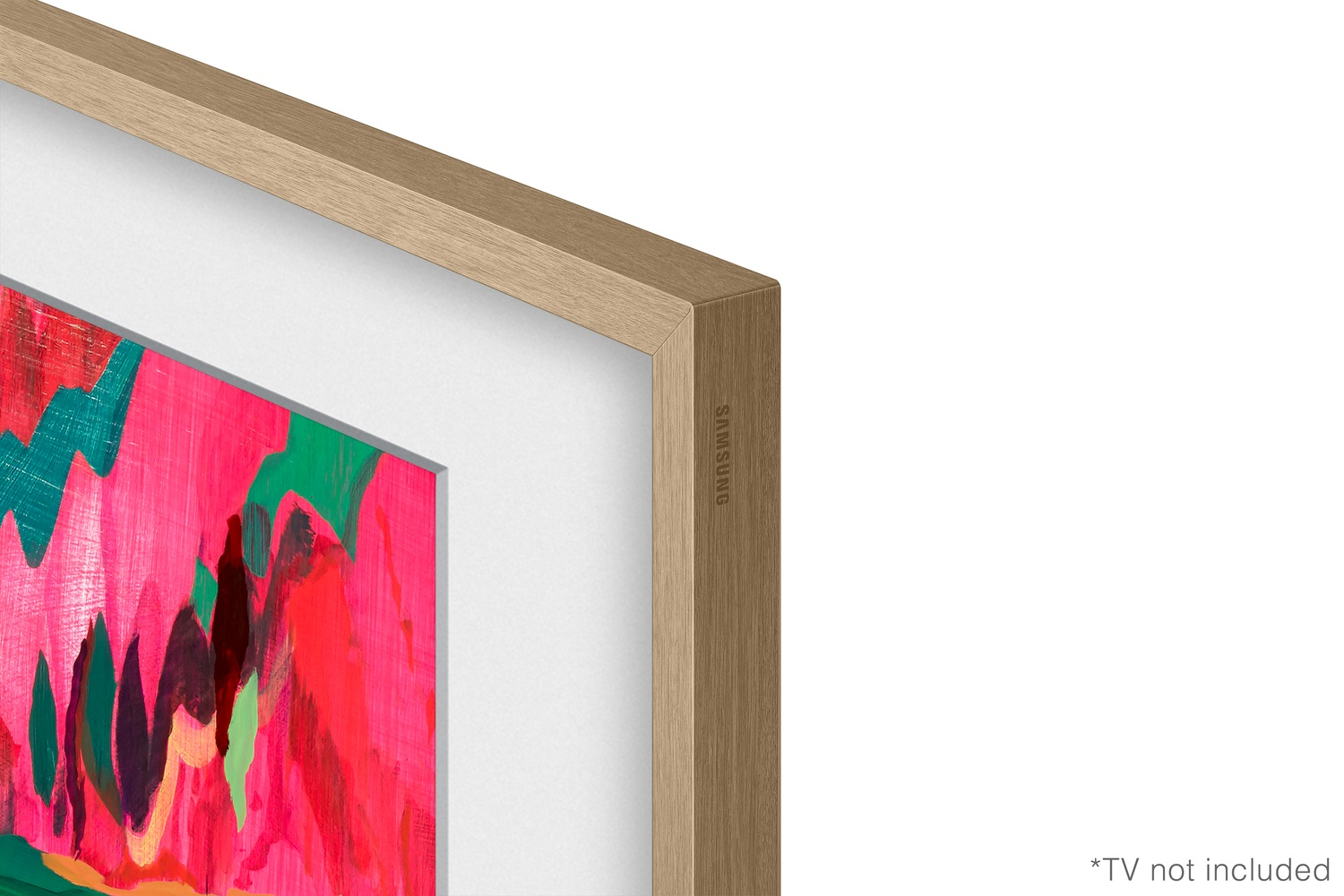 Un marco de TV de madera con una pintura abstracta en rosa y verde.