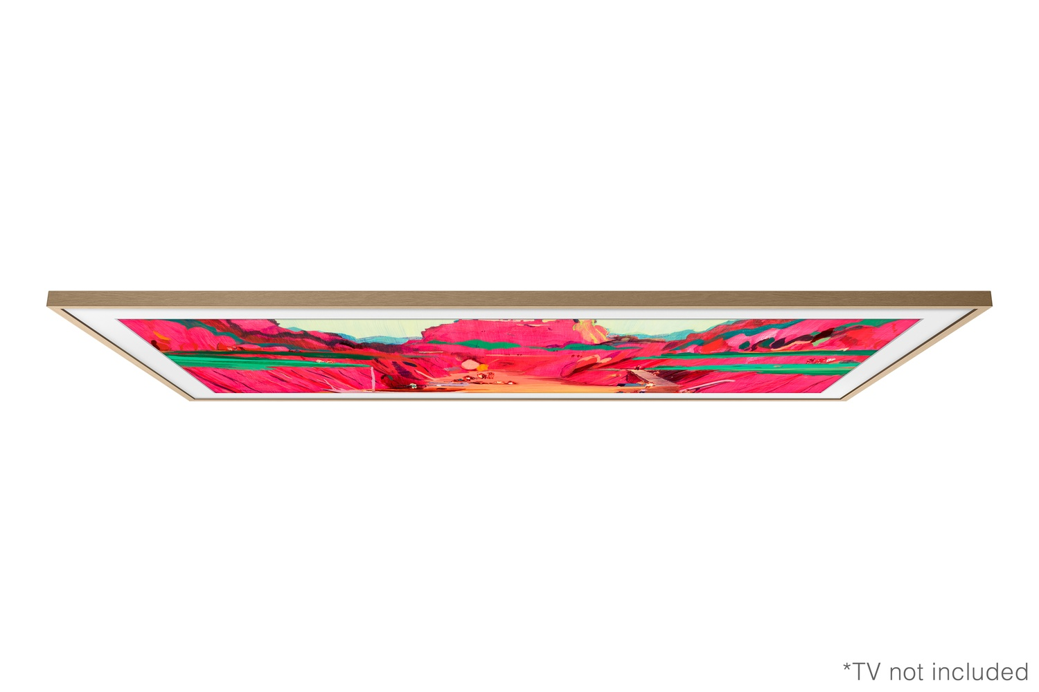 Un televisor moderno con marco de madera que muestra una pintura abstracta de montañas rojas.