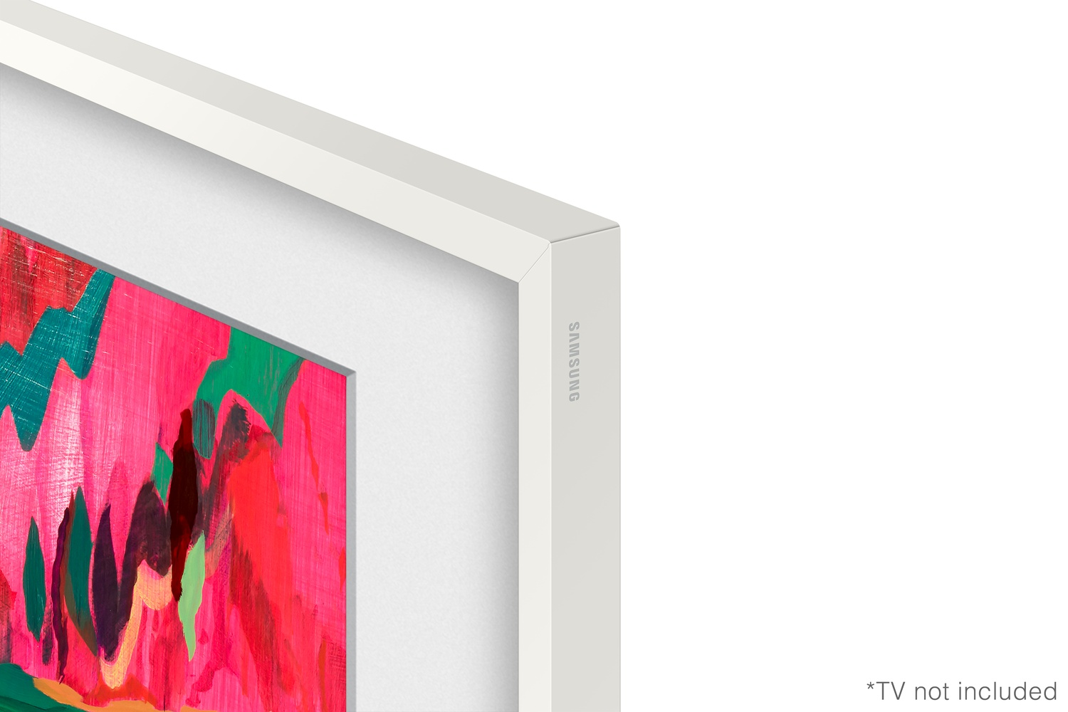 Un marco blanco con una pintura abstracta colorida y el logo de Samsung.