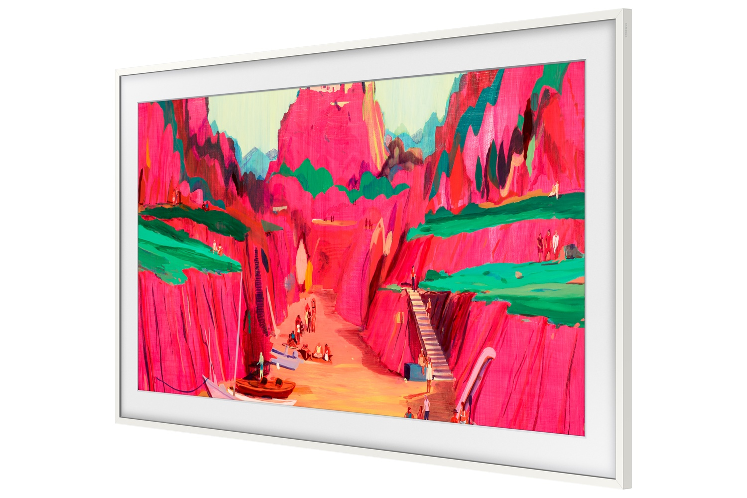Una pintura colorida de cañones rojos con niveles verdes y gente caminando.
