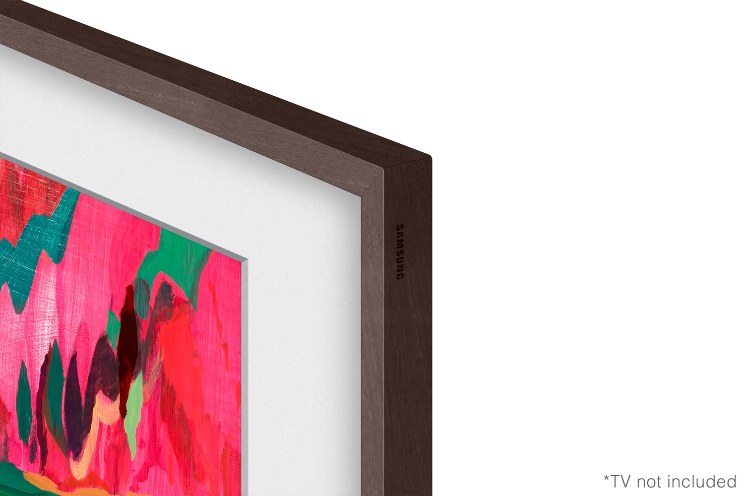 Un marco de madera oscura rodea una vibrante pintura abstracta con tonos rosas, verdes y rojos.