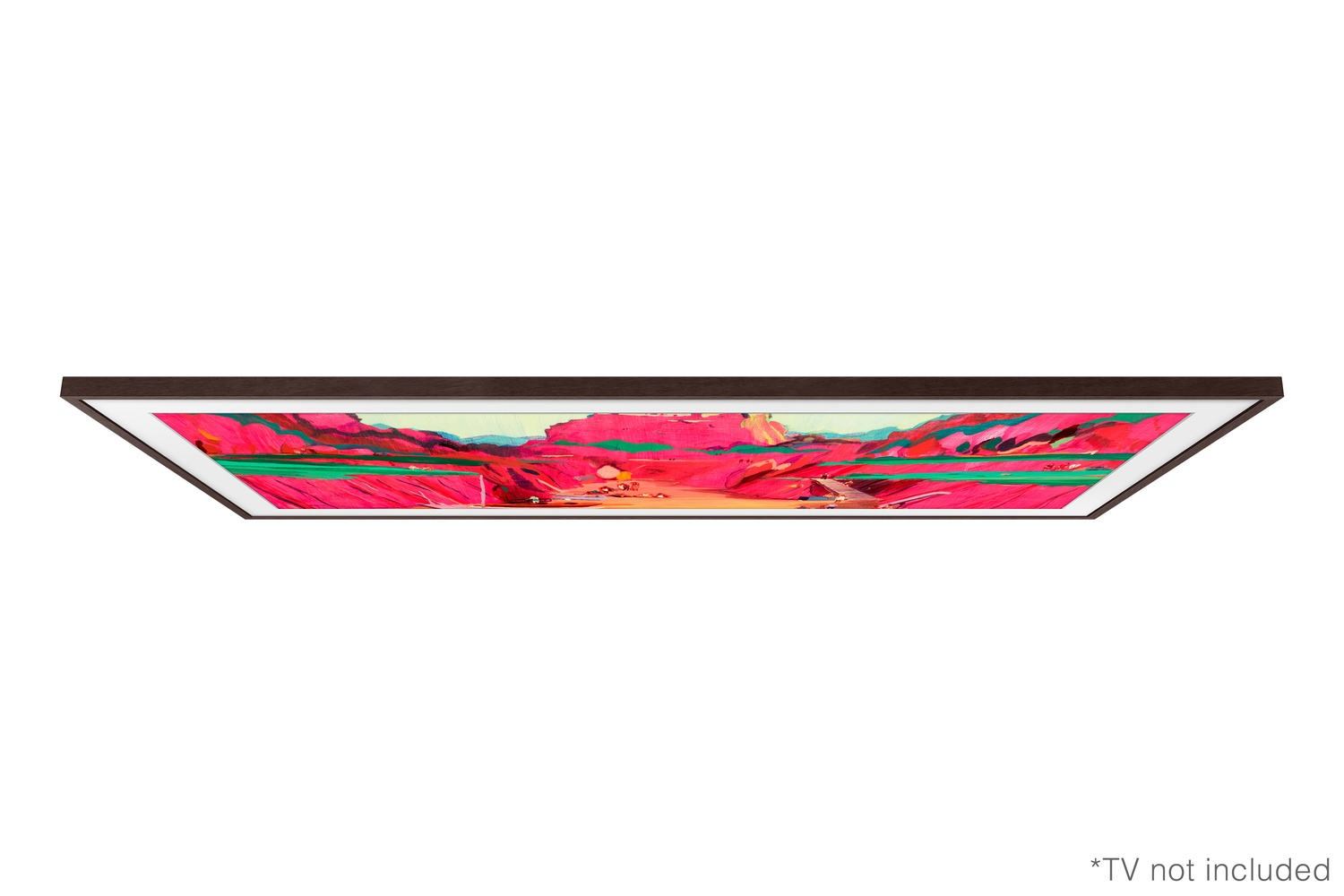 Un televisor con marco oscuro muestra un vibrante paisaje abstracto de montañas rosas, líneas verdes y cielo azul.