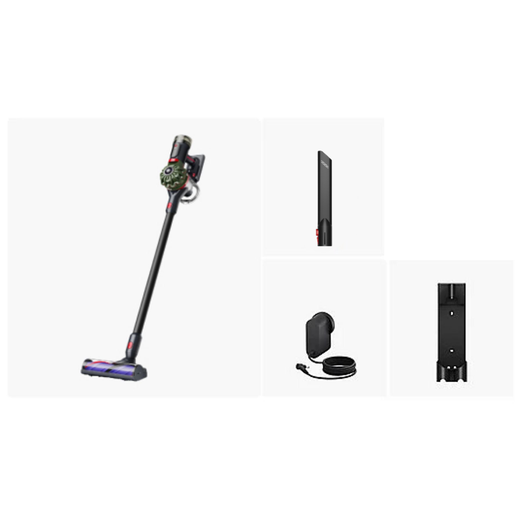 Aspiradora inalámbrica con accesorios: unidad principal, cable de carga y soporte pared.