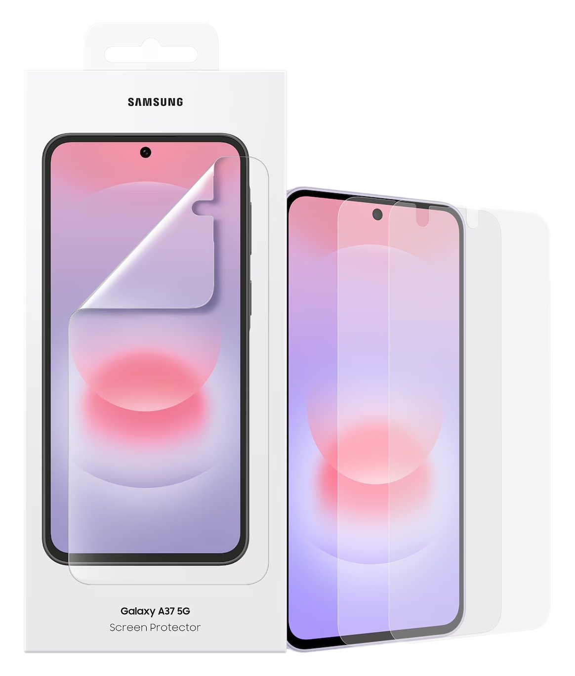 Folia ochronna na ekran Samsung Galaxy A37 5G w pudełku i obok.