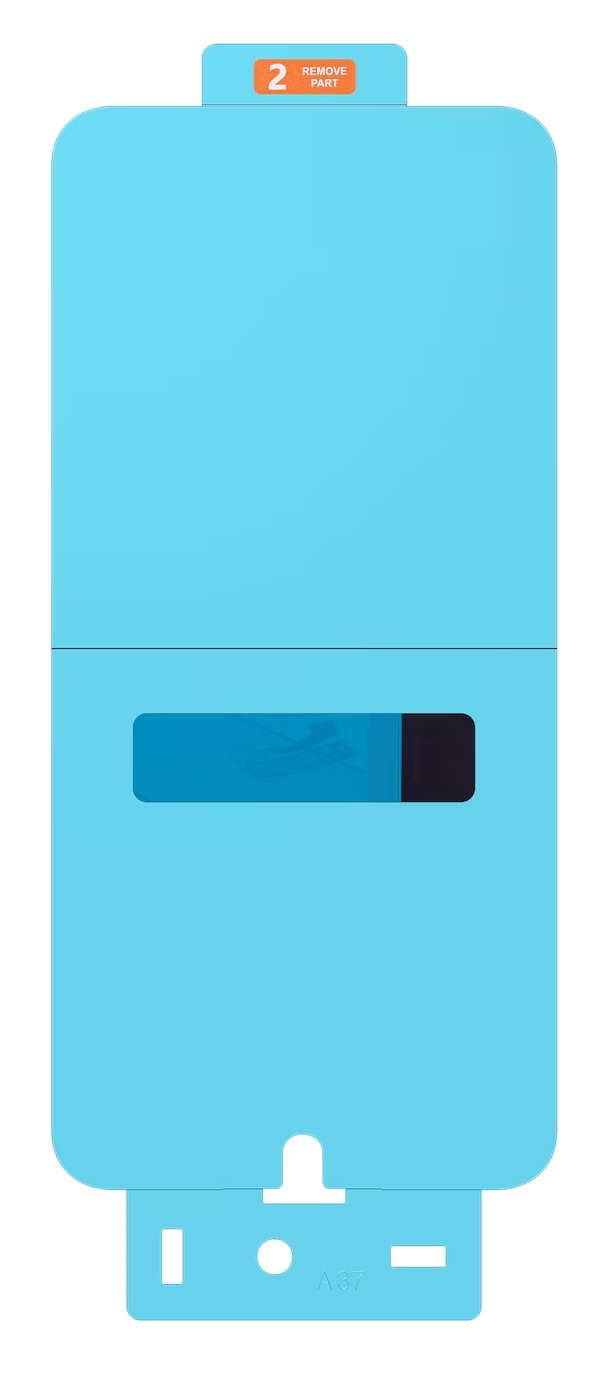 Jasnoniebieska folia ochronna z pomarańczową etykietą '2 REMOVE PART'.