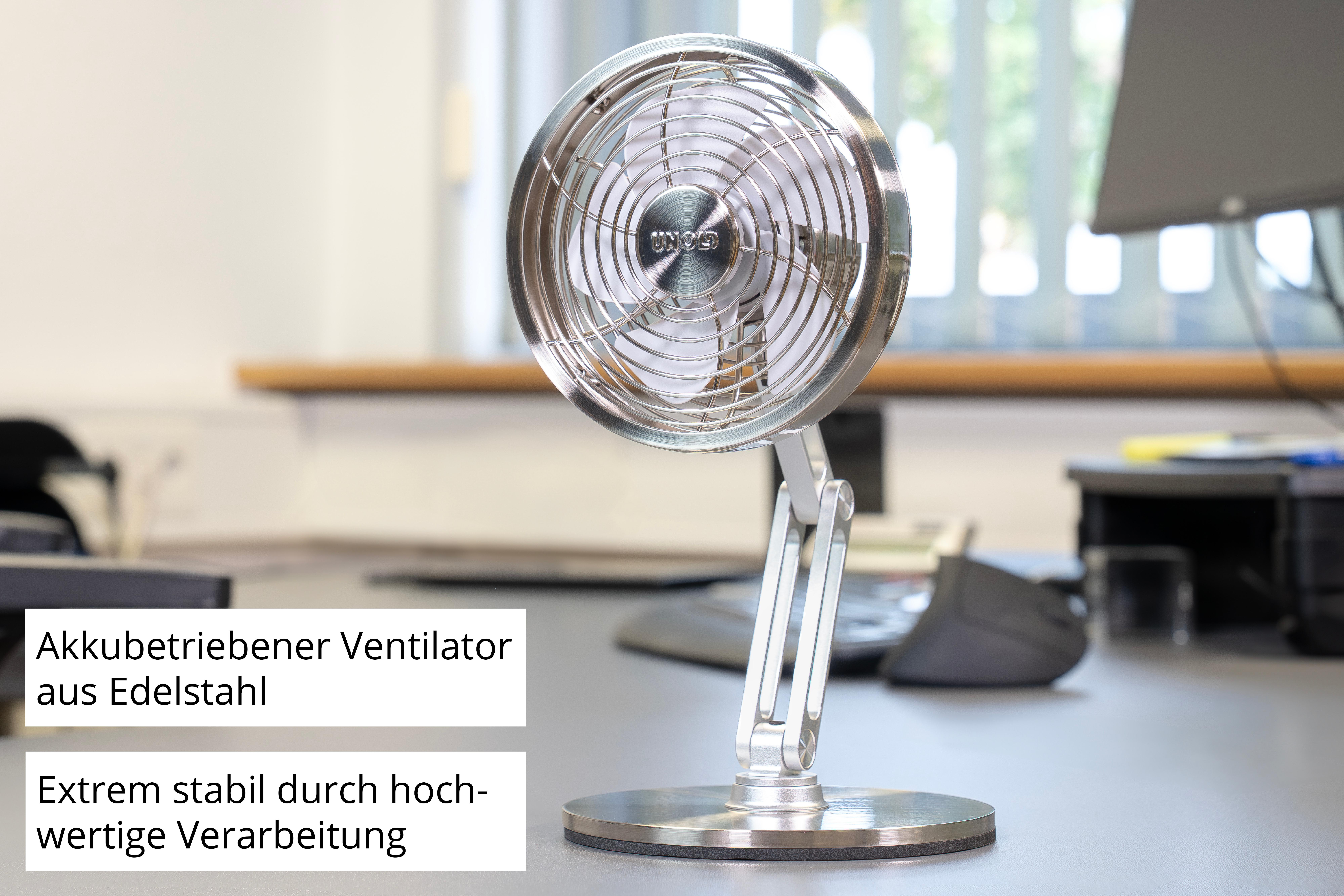 Ein silberner Schreibtischventilator mit Gitter und weißem Rotor auf einem Schreibtisch.