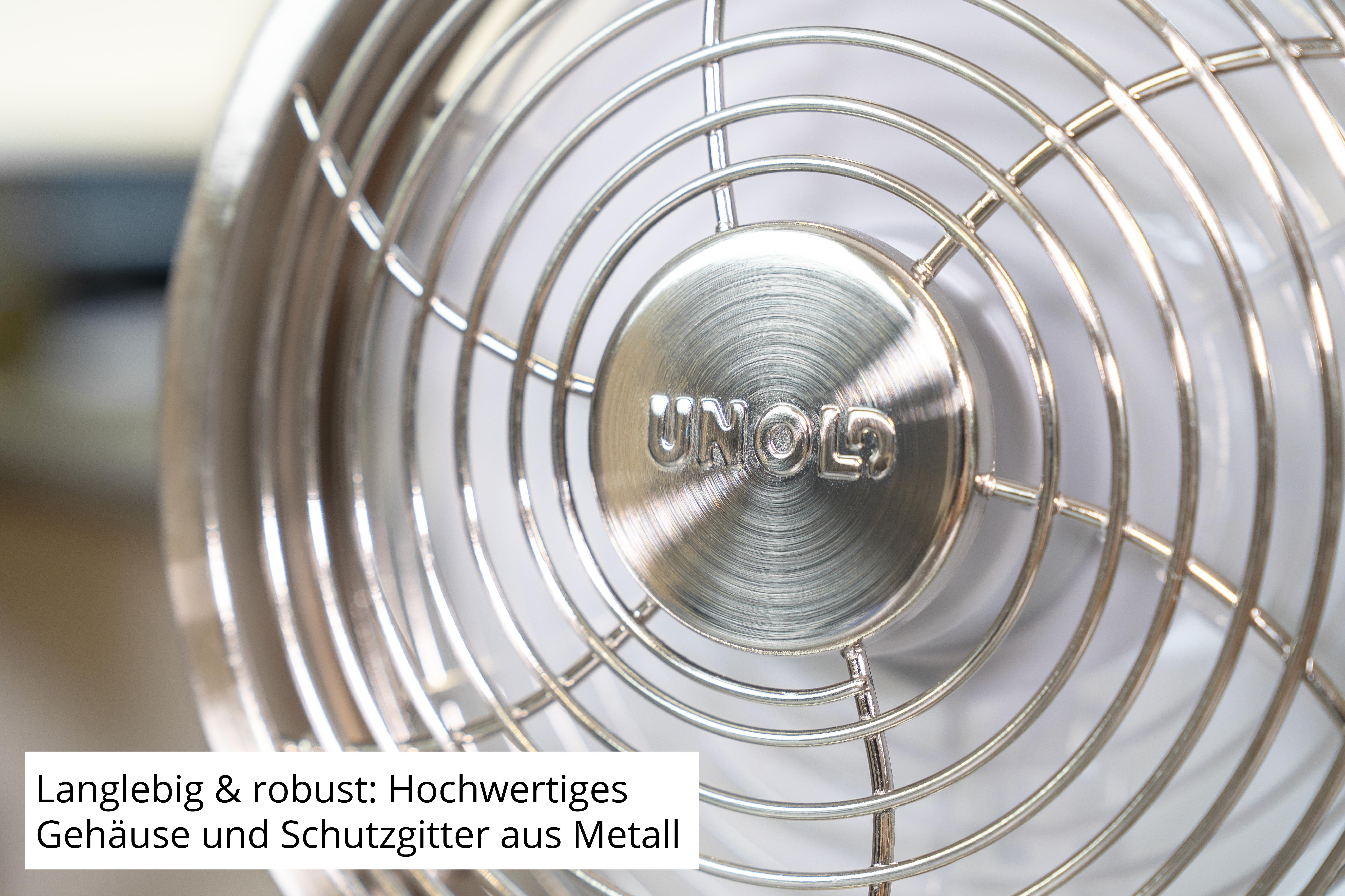 Nahaufnahme eines silbernen Ventilators mit Metallschutzgitter und dem Logo 'UNOLD'.