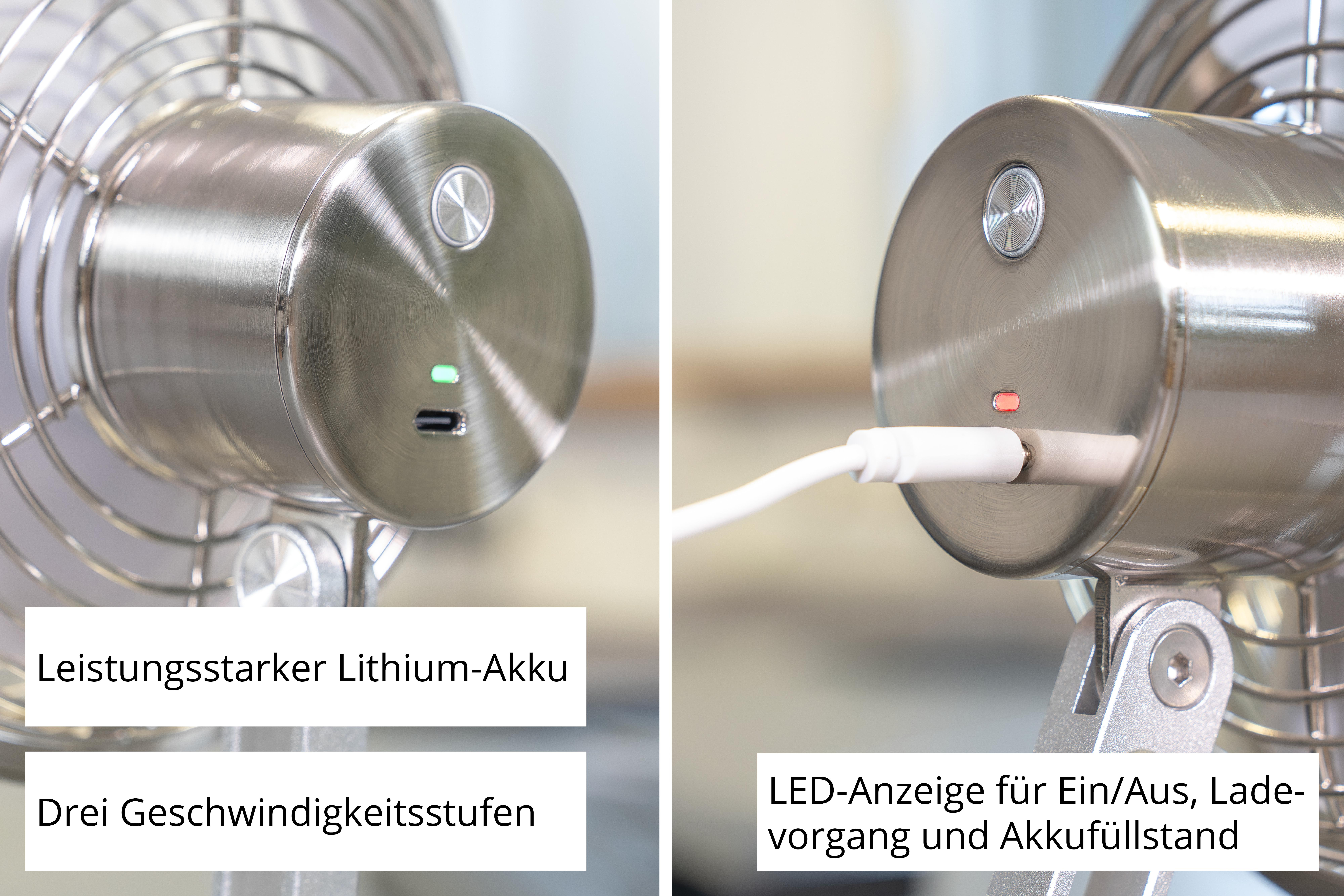 Nahaufnahme eines silbernen Ventilators mit Ladeanschluss und LEDs.