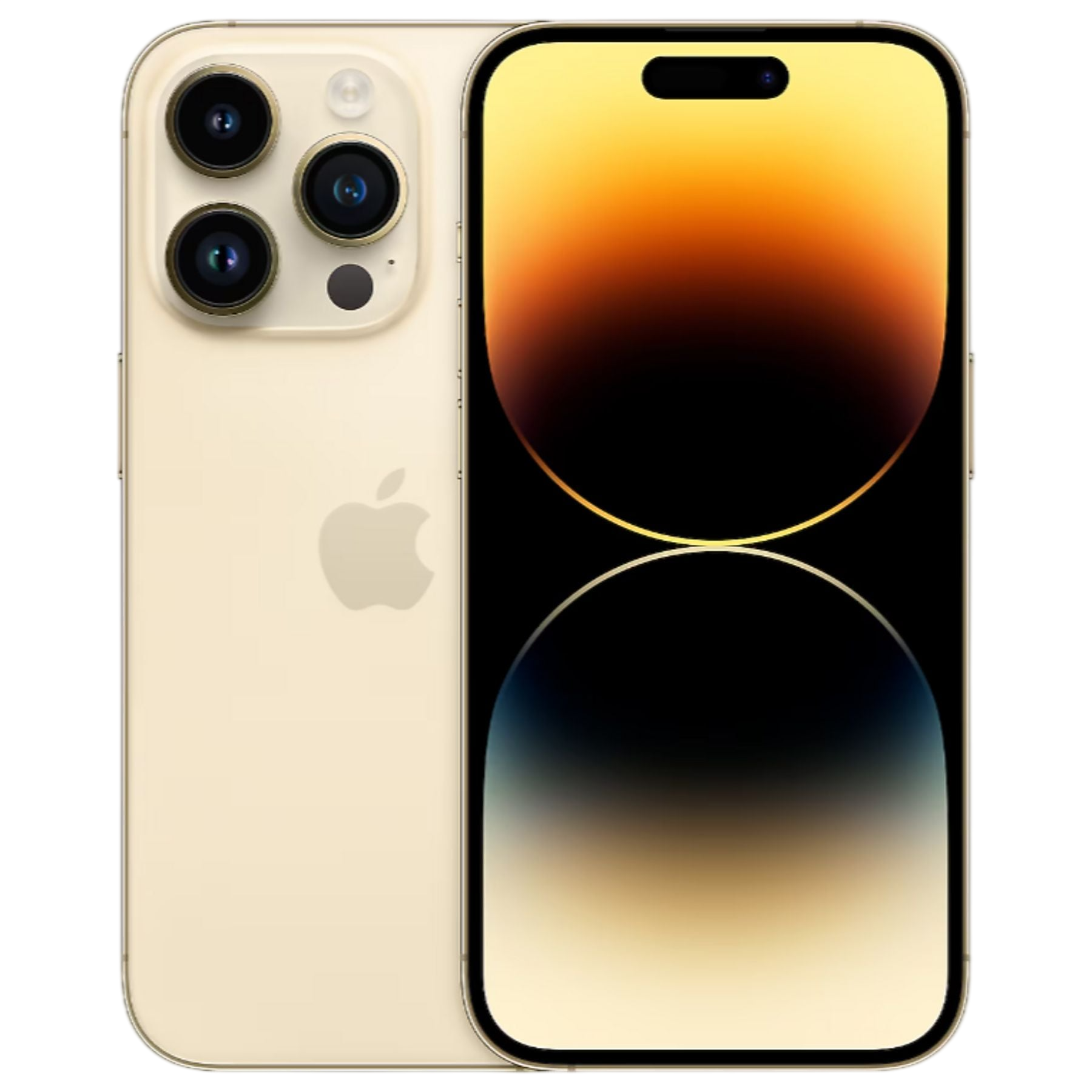 Üç kameralı altın rengi iPhone 14 Pro ve dinamik yazılım ekranı.