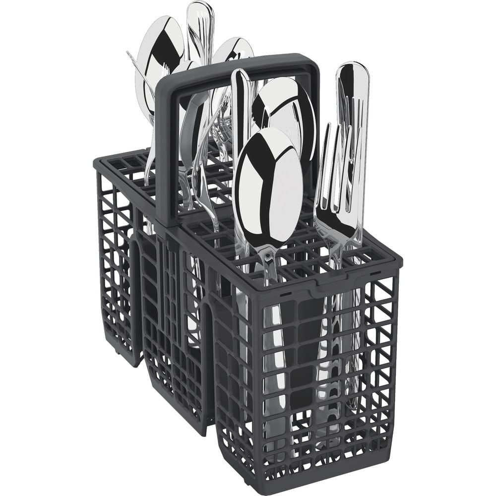 Cesta para cubiertos con cubiertos plateados brillantes como cucharas y tenedores.