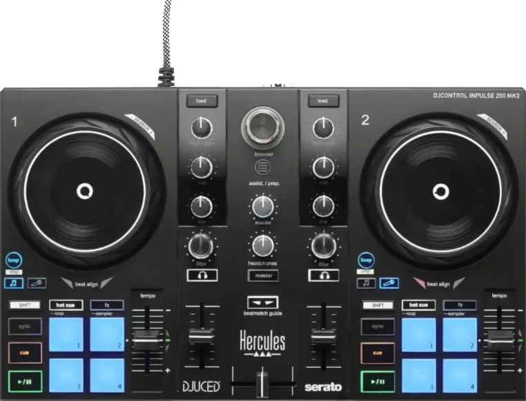 Ein schwarzer Hercules DJControl Inpulse 200 MK3 mit zwei Jog-Rädern, Fadern und Pads.
