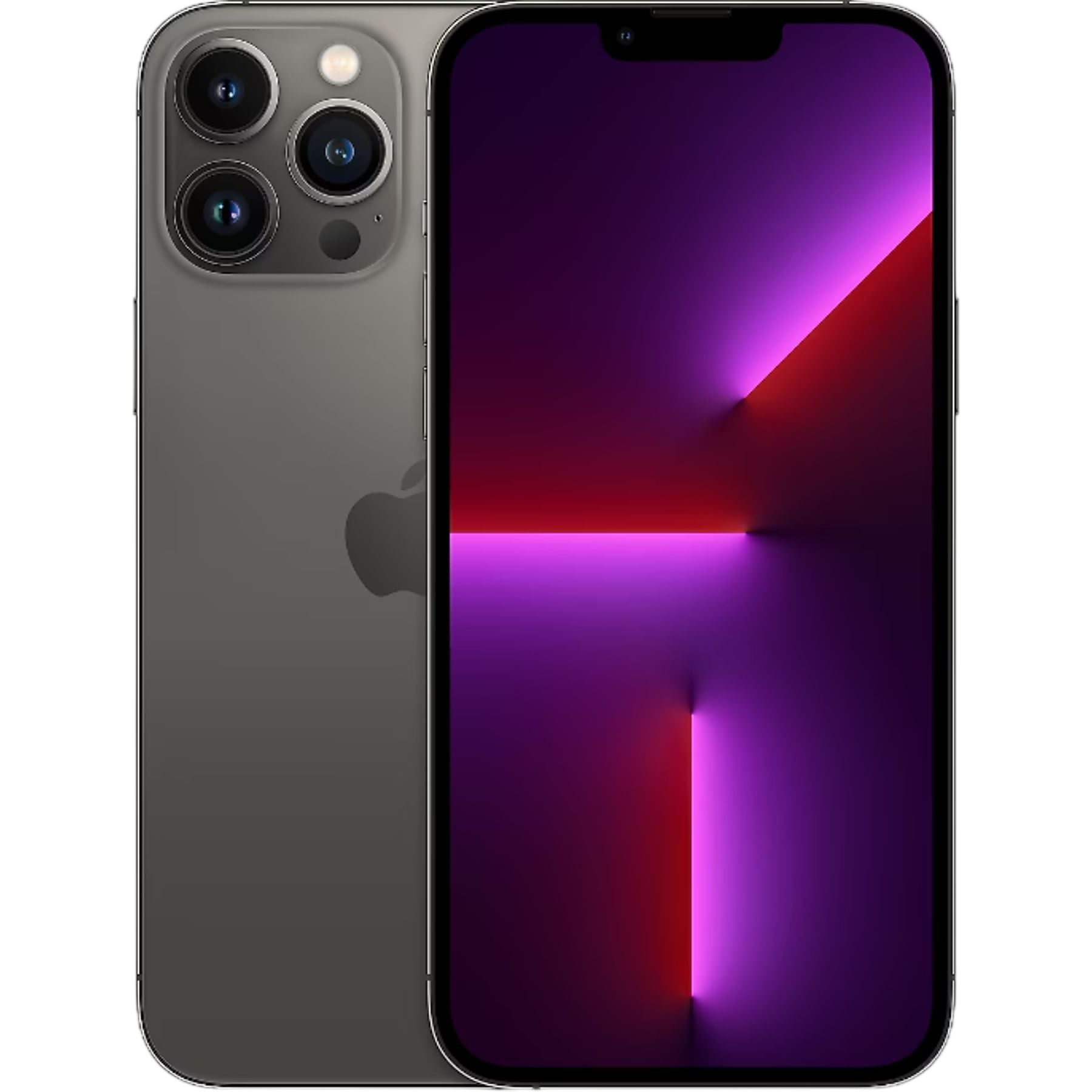 Gri iPhone, üç arka kamerası ve mor/kırmızı ekranı var.