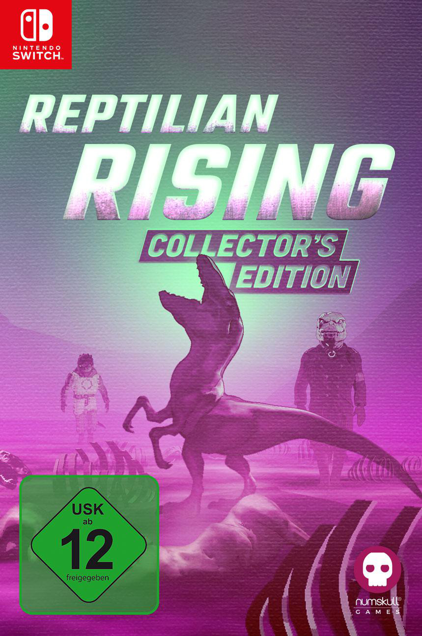 Reptilien-Rising Collector's Edition Cover mit Dinosaurier, Astronaut und USK 12 Siegel.