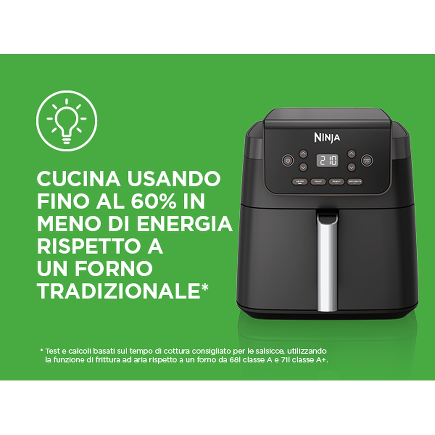 Una friggitrice ad aria Ninja nera con display digitale su sfondo verde.